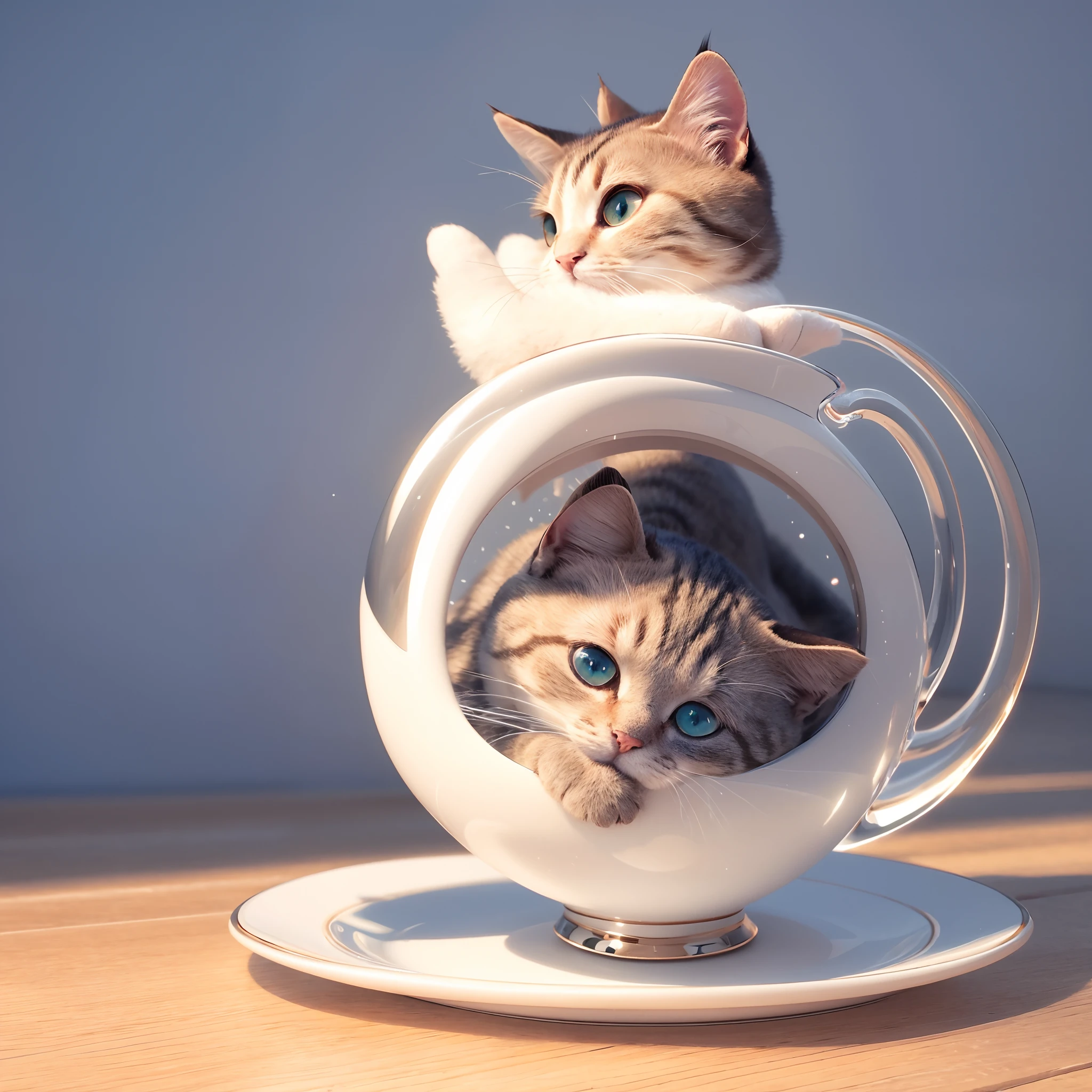 catss, In a clear glass teacup, the face, Front paws extended,adorable expression, 8K, delicated, Pubic area is clear, On a table, inside the house, rays of sunshine, light leaks, tmasterpiece, ((prette))), Stylish teacup, (Realistis), plushies, round pupils,C4D,Octane Renderer