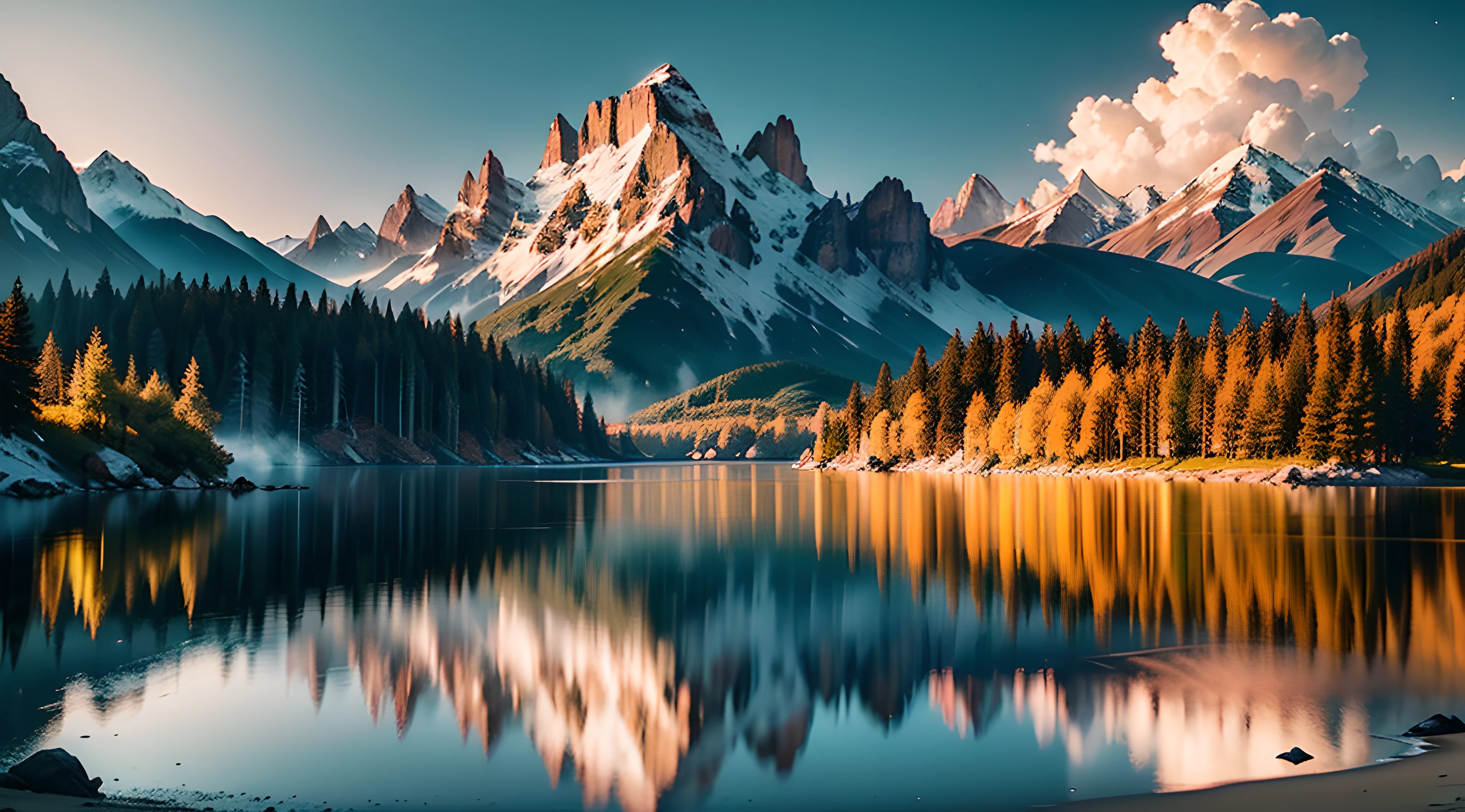 Por favor, Create a high quality realistic image that depicts a serene and magnificent landscape, destacando uma cadeia de montanhas majestosas com um enorme lago em seu centro. The image seeks to convey a sense of serenity and natural beauty, com detalhes elaborados que envolvem os elementos presentes.
The mountains are represented with a high level of detail, displaying relief variations, texturas e tonalidades. Elaborate light and shadow effects give depth to the scene, Creating an authentic atmosphere. O lago, no meio das montanhas, reflete as suas formas e cores, conveying the feeling of tranquility and serenity.
The blue sky is filled with magnificent clouds that add a touch of dynamism to the scene. Ademais, Planets visible in the night sky add an additional element of charm and wonder to the environment. The strong and vibrant colors enhance the beauty of the landscape, enquanto um leve brilho ressalta a serenidade e a agradabilidade visual.
The image seeks to convey a visually pleasing experience, that inspires tranquility and admiration for nature. Use advanced rendering techniques, como o Octane Render, to achieve the best realistic quality. Image resolution must be UHD or 8K, allowing every detail of the landscape to be enjoyed in all its glory