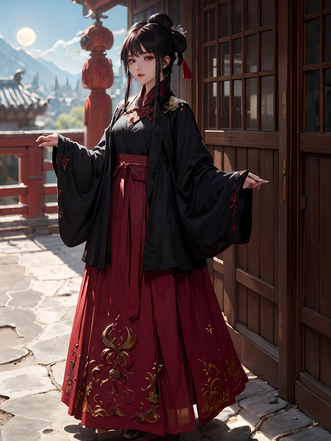 absurdes, high resolucion, Ultra detailded, (1fille:1.3), Hand drawn, Ligne simple, Fille de  en rouge Hanfu chinois , Masterpiece, Stand at Cliff, Lunar light, la nuit,