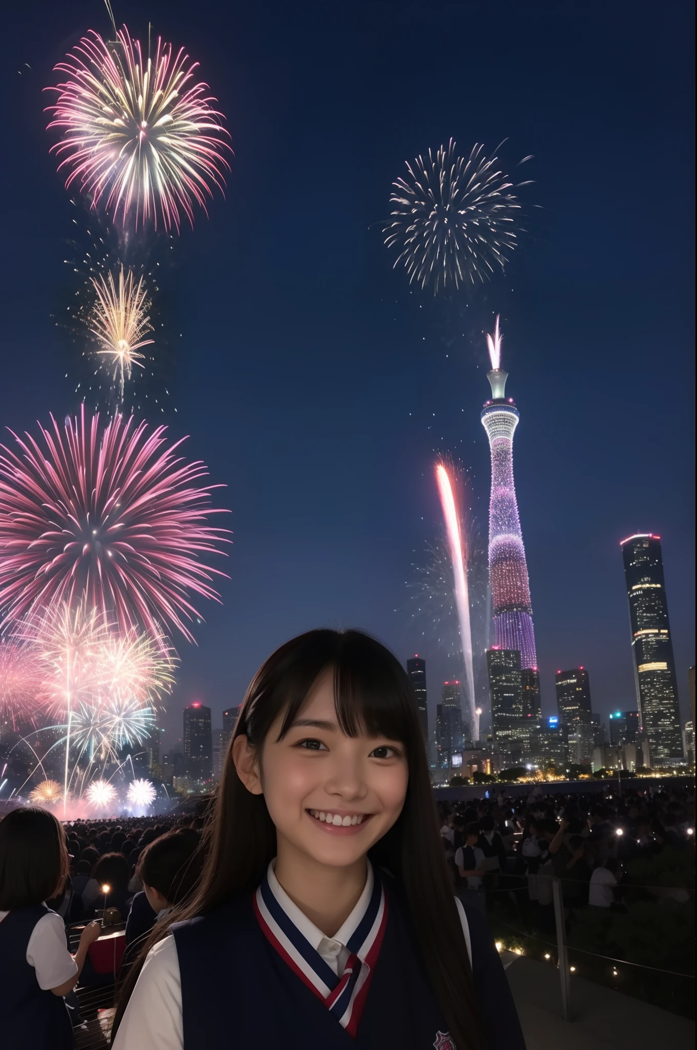 A smile、hi-school girl、校服、While doing fireworks、mare、Tokyo Skytree