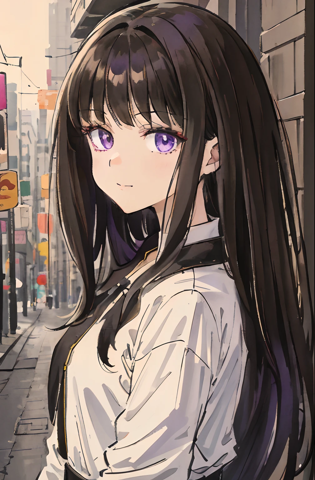 Pretty girl with a smile, 1girl in, Solo, Long hair, A dark-haired,Purple eyes, hair messy, long hair bangs, Beautiful detailed eyes, Looking at Viewer, deadpan, Closed mouth, Portrait, Bangs,Colorful, Neat and white plain clothes, Fashionable fashion,Upper body,bad-girl, Small breasts, Backlight, Street