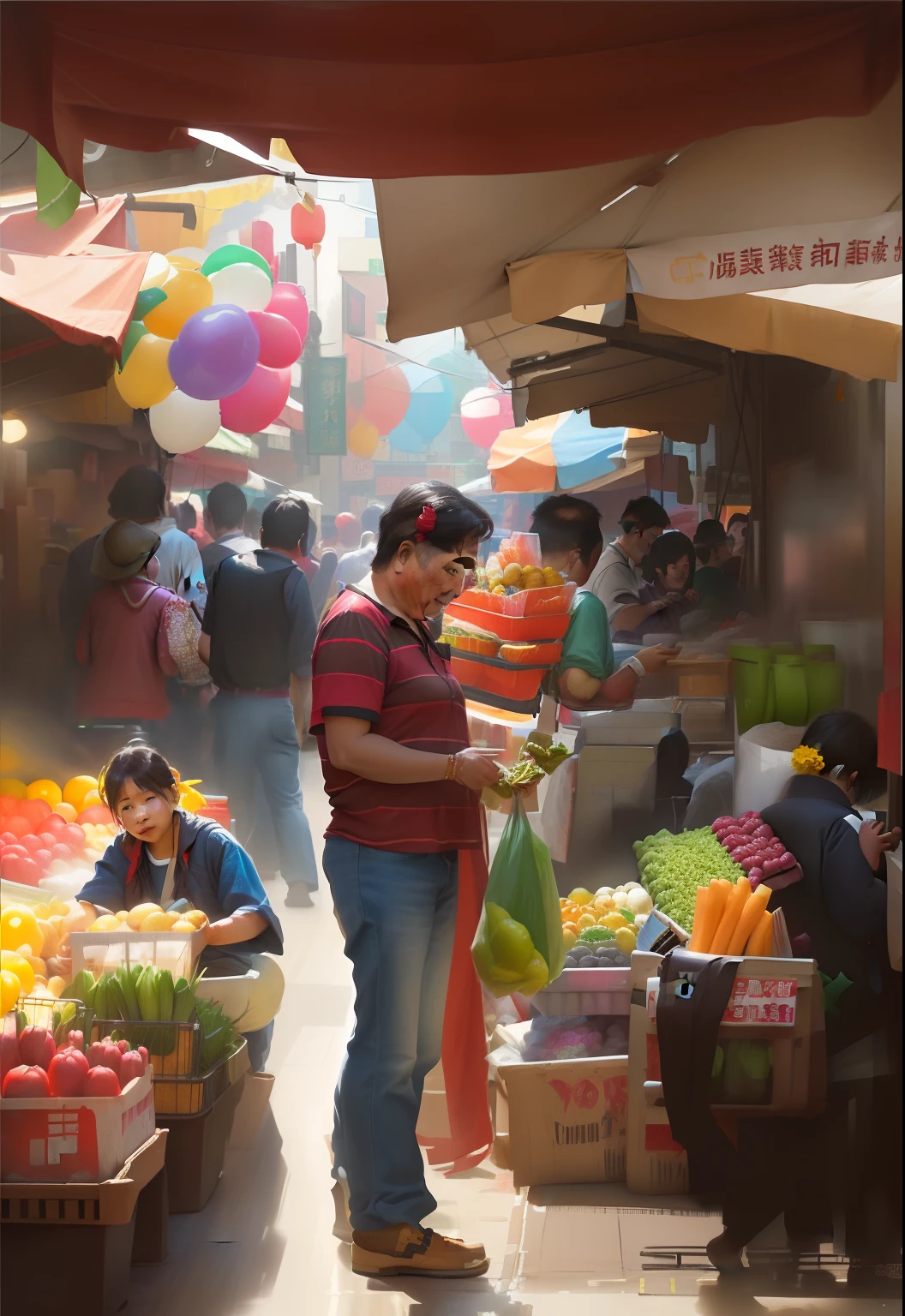 There are many people standing around the market with balloons, the vibrant echoes of the market, street vendors, busy market, Market, street market, ((Supersaturation)), Cheerful ambiance, digital collage, sunday afternoon, market setting, overlaid with chinese adverts, wet market street, fresh food market people, Album art, expressive digital painting