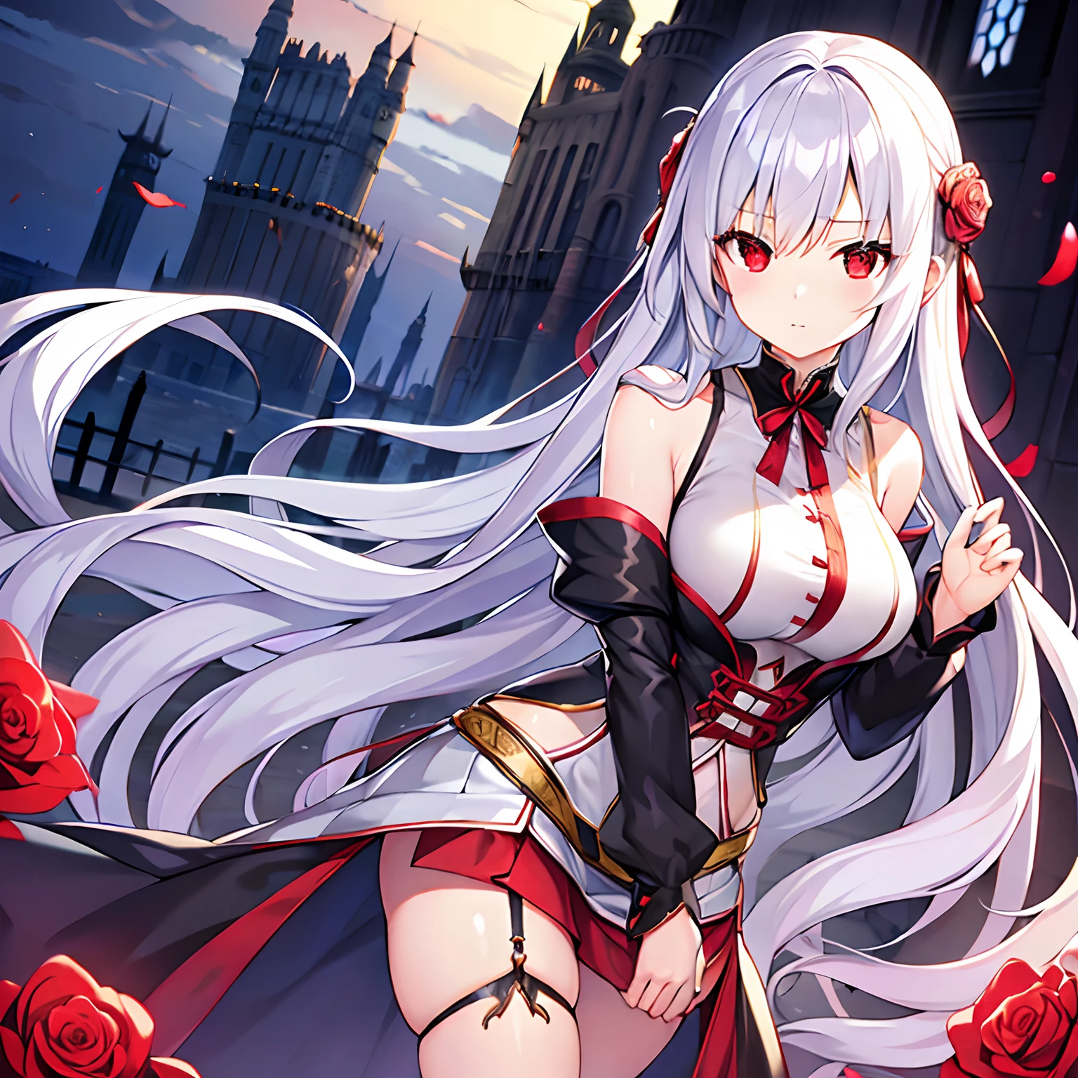 With long silver hair、red eyes、Beautiful girl alone、独奏、animesque、western clothes、off shoulders、a miniskirt、Castles、rose garden、a cold expression、Vampires