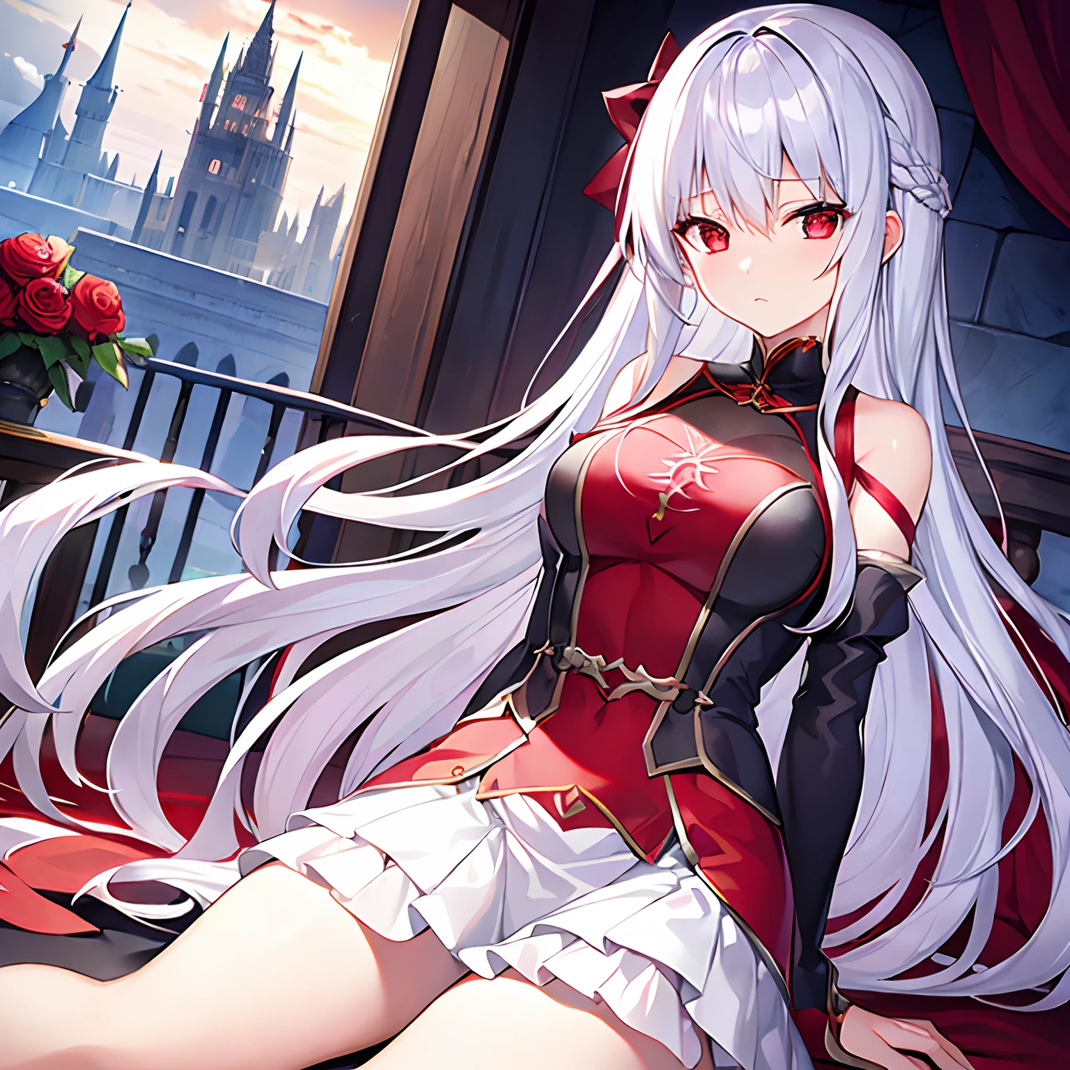 With long silver hair、red eyes、Beautiful girl alone、独奏、animesque、western clothes、off shoulders、a miniskirt、Castles、rose garden、a cold expression、Vampires