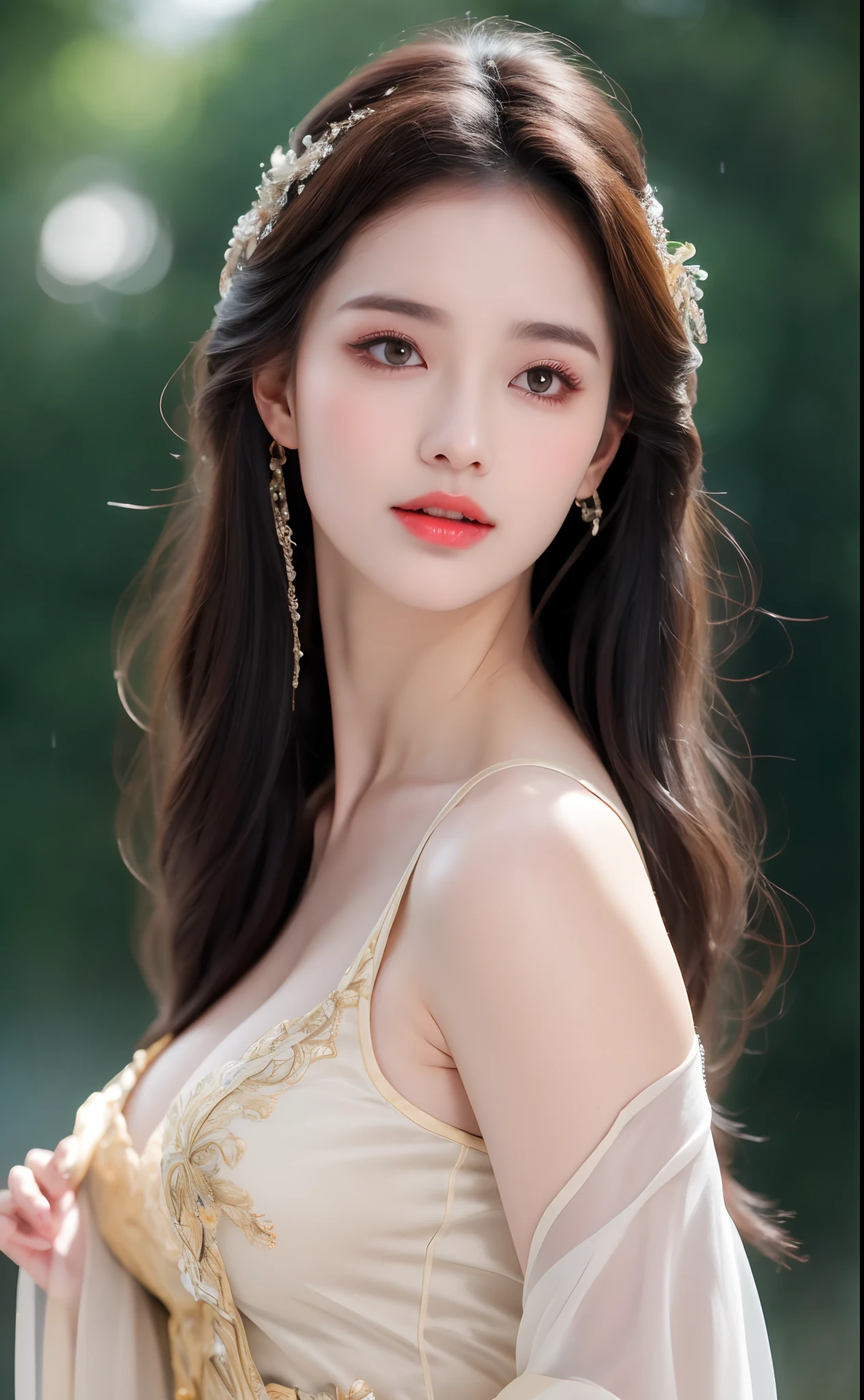 ((Best Quality, 8k, Masterpiece: 1.3)), Focus: 1.2, Perfect Body Beauty: 1.4, Buttocks: 1.2, ((Layered Haircut)), (Wet Clothes: 1.1), (Rain, Street:1.3), (Breasts: 1.2), (Hanfu: 1.2), Bare Shoulders, Bare Legs, Highly Detailed Face and Skin Texture, Fine Eyes, Double Eyelids, Whitened Skin, Long Hair, (Shut Up: 1.5), (Bokeh Background: 1.5), Big Breasts
