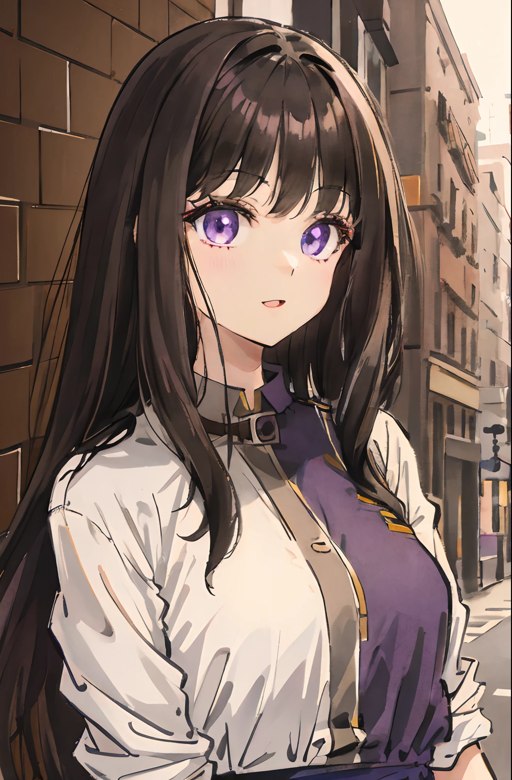 Cute girl with big smile,Opening Mouth, 1girl in, Solo, Long hair, A dark-haired,Purple eyes, hair messy, long hair bangs, Beautiful detailed eyes, Looking at Viewer, deadpan, Closed mouth, Portrait, Bangs,Colorful, Neat and white plain clothes, Fashionable fashion,Upper body,bad-girl, Small breasts, Backlight, Street