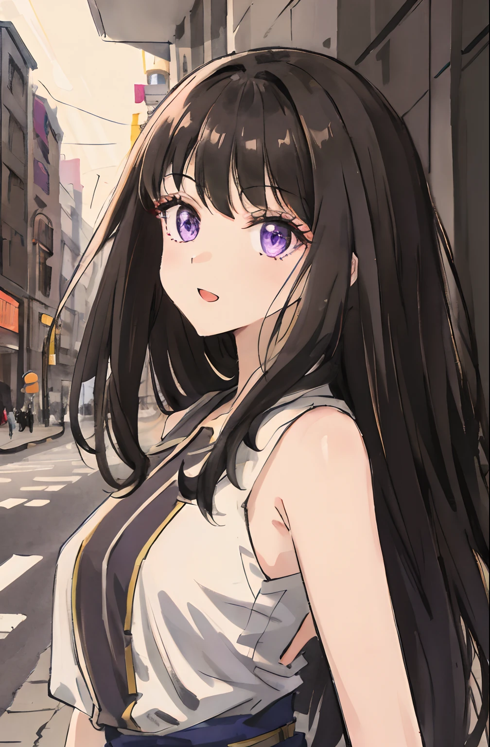 Cute girl with big smile,Opening Mouth, 1girl in, Solo, Long hair, A dark-haired,Purple eyes, hair messy, long hair bangs, Beautiful detailed eyes, Looking at Viewer, deadpan, Closed mouth, Portrait, Bangs,Colorful, Neat and white plain clothes, Fashionable fashion,Upper body,bad-girl, Small breasts, Backlight, Street