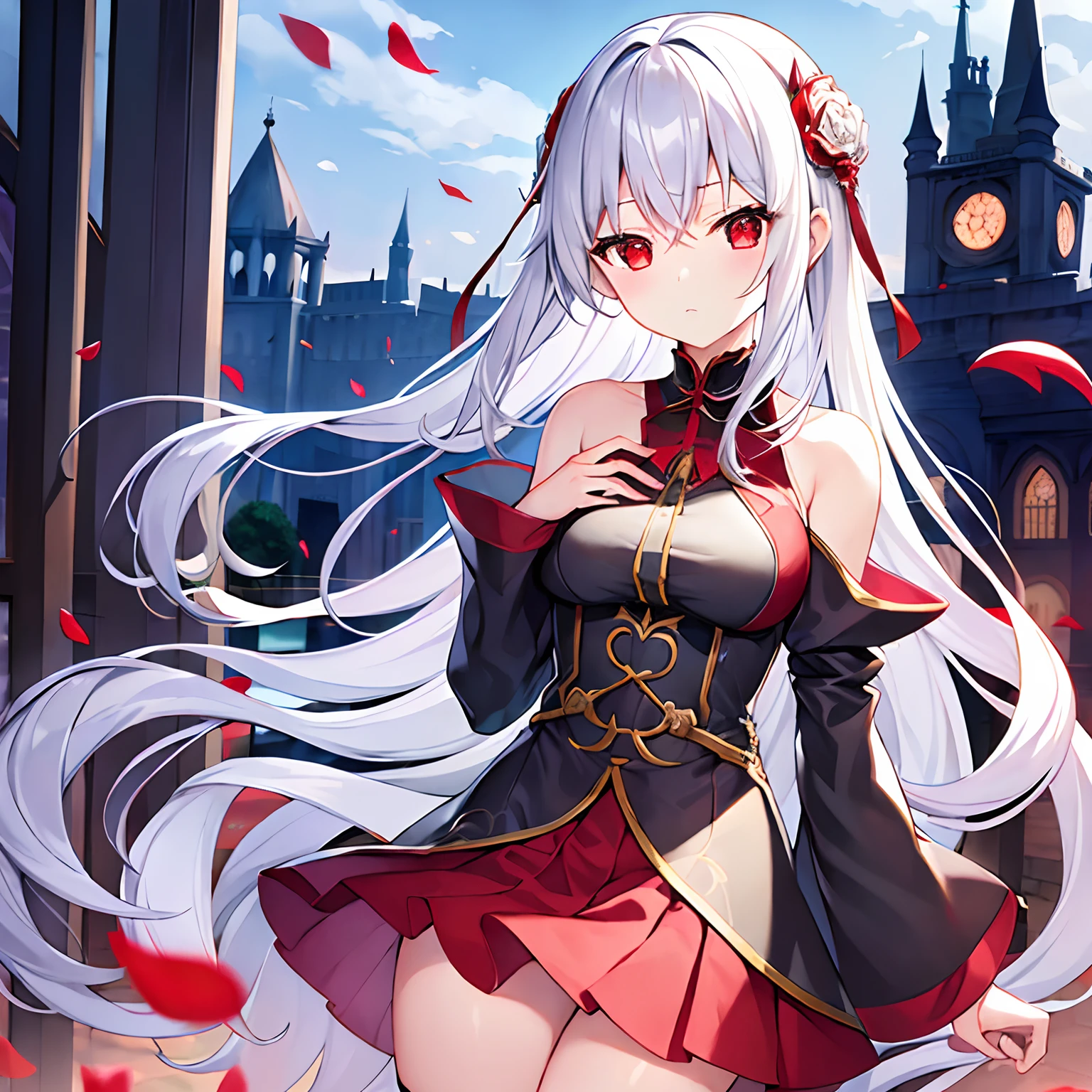 (Extremely detailed 8k CG wallpaper), (masterpiece), (best quality), (ultra detailed: 1.3), (best illustration), ((high resolution)), (best hands), (fiveseven: 1.2), (1girl), long ponytail, silver hair, (black jacket on shoulder), (black pleated skirt), ((red flower field background)), day, ((sky)), outdoor,  clouds, daylight, depth of field, sunbeam, red flower petal in the air, charming smile, sleeveless top, full body, (dynamic pose)