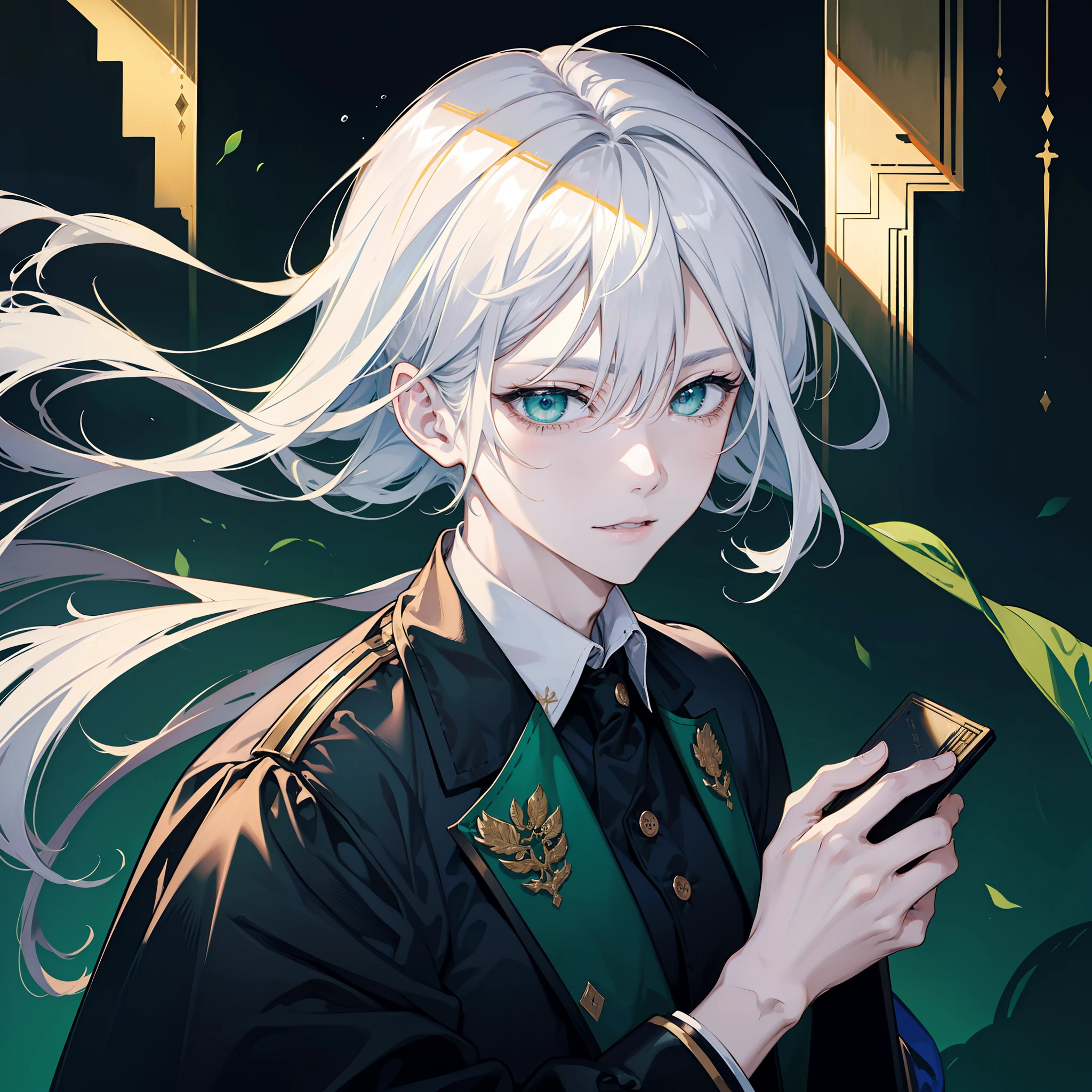 (1 man),(独奏),(Single portrait),(flatchest),(Long white hair),Green eyes,Business suit,There is a tear mole under the left eye,grieves,facial closeups,(Face portrait)