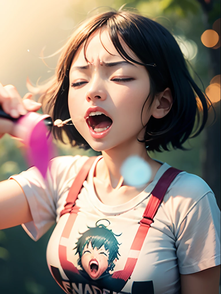 ( Screaming),Reaching the climax:1.3,1 Girl to Close Eyes, short-cut、masutepiece、Bottoms are randomly generated、( Big Buddha illustration print shirt )、Background bokeh:1.5