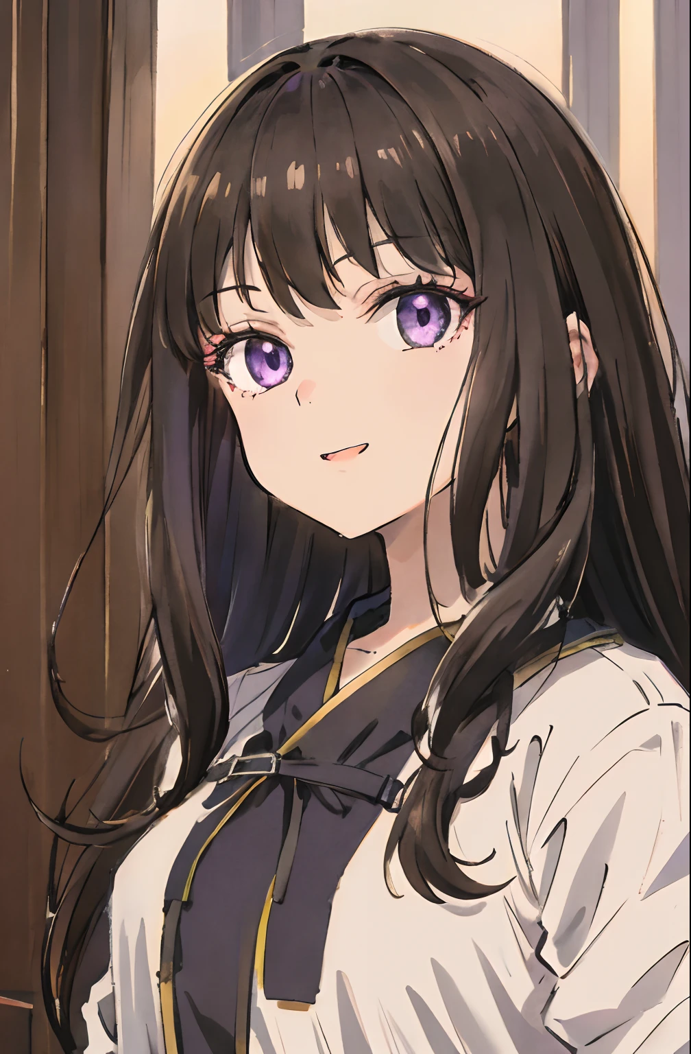 Cute girl with big smile,Greatest pleasure,Opening Mouth,closing eye,1girl in, Solo, Long hair, A dark-haired,Purple eyes, hair messy, long hair bangs, Beautiful detailed eyes, Looking at Viewer, deadpan, Closed mouth, Portrait, Bangs,Colorful, Neat and white plain clothes, Fashionable fashion,Upper body,bad-girl, Small breasts, Backlight, Street