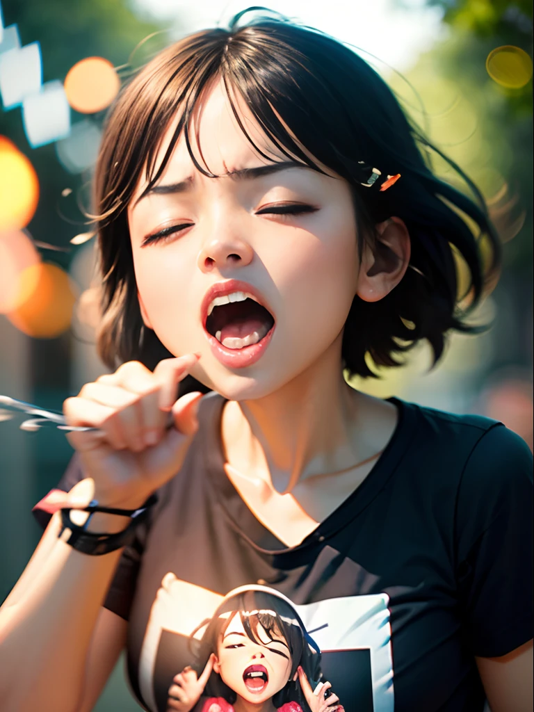 ( Screaming),Reaching the climax:1.３,1 Girl to Close Eyes, short-cut、masutepiece、Bottoms are randomly generated、（ Big Buddha illustration print shirt ）、Background bokeh:1.5