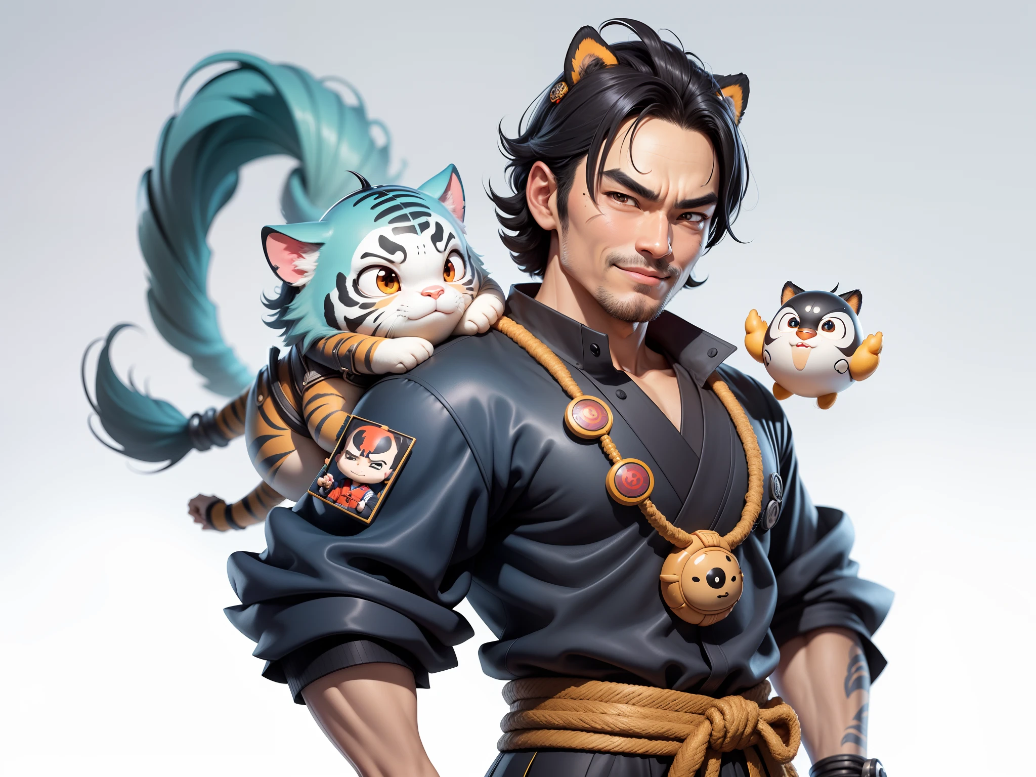 (Daisaku),(Need),(Super meticulous),(full bodyesbian:1.2),Super young man with Japanese geisha，Beautiful，orient，one tiger，Aeolian Thor，Raised sexy，爆乳，Oriental face，TV Anchor，Bust portrait illustration，In black suit，a blue tie，The face is slightly chubby，The face was clean，without a beard，Black super short hair，Black eyes，Smile confidently，3C computer sub-products，iPad， iphone，Digital painting，3D character design by Mark Clairen and Pixar and Hayao Miyazaki and Akira Toriyama，The illustration is a high-definition illustration in 4K resolution，With very detailed facial features and cartoon-style visuals。