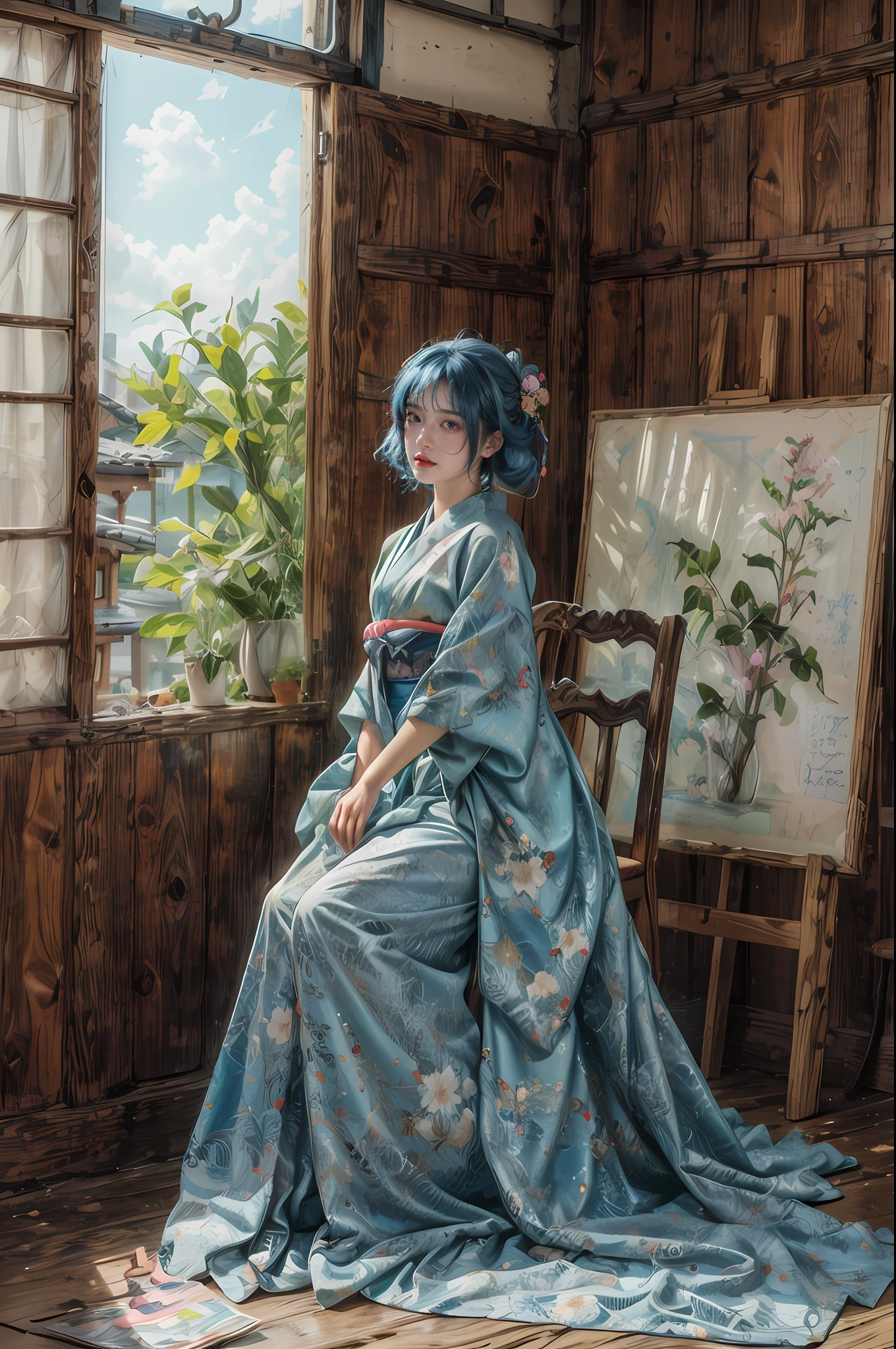 4k,1girl,high_res, rainbow theme, colorful theme, colorful kimono, astract background, trending on artstation, by wlop, traditional, blue hair,japanese_clothes, traditional long skirt,traditional_japanese_clothes,1 girl,Dreamwave,(masterpiece, best quality, absurdres:1.4),(highly detailed CG illustration),highly detailed,colorful,vivid color,