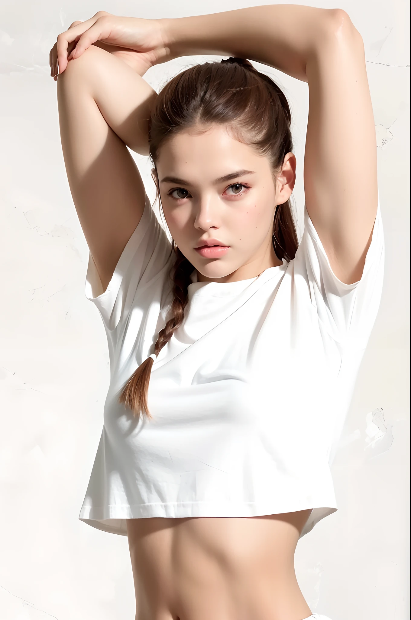 Mulher linda de camisa branca e bermuda preta posando para foto, 2 Modelo feminina de 4 anos, com corte rasgado t - camisa, vestido com uma camiseta branca, usando um top cropped sexy, camiseta branca, usando um top cropped, usando um top cropped, vestido com uma camiseta branca, Barbara Palvin, usando crop top