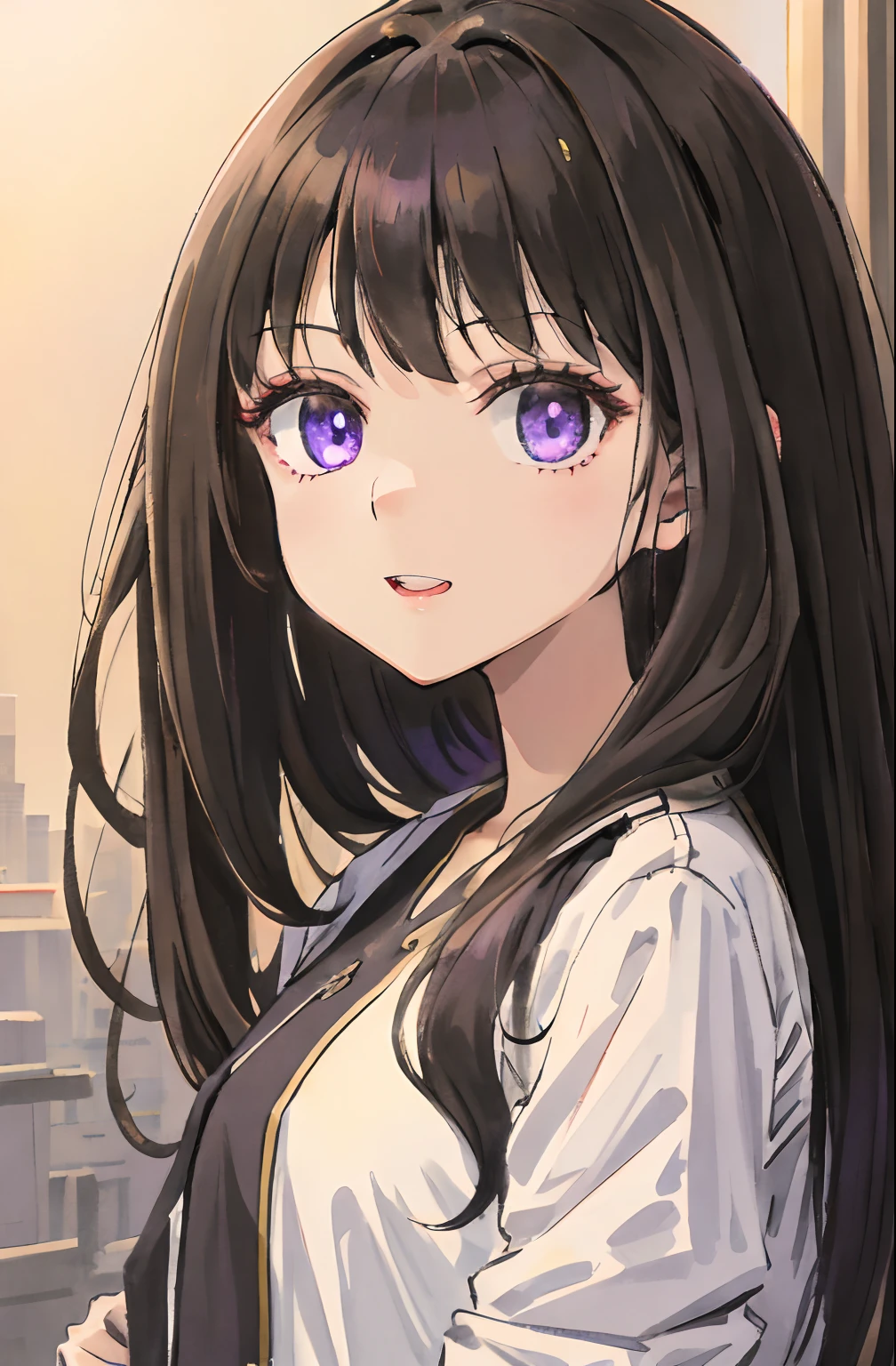 Cute girl with big smile,Greatest pleasure,Opening Mouth,closing eye,1girl in, Solo, Long hair, A dark-haired,Purple eyes, hair messy, long hair bangs, Beautiful detailed eyes, Looking at Viewer, deadpan, Closed mouth, Portrait, Bangs,Colorful, Neat and white plain clothes, Fashionable fashion,Upper body,bad-girl, Small breasts, Backlight, Street