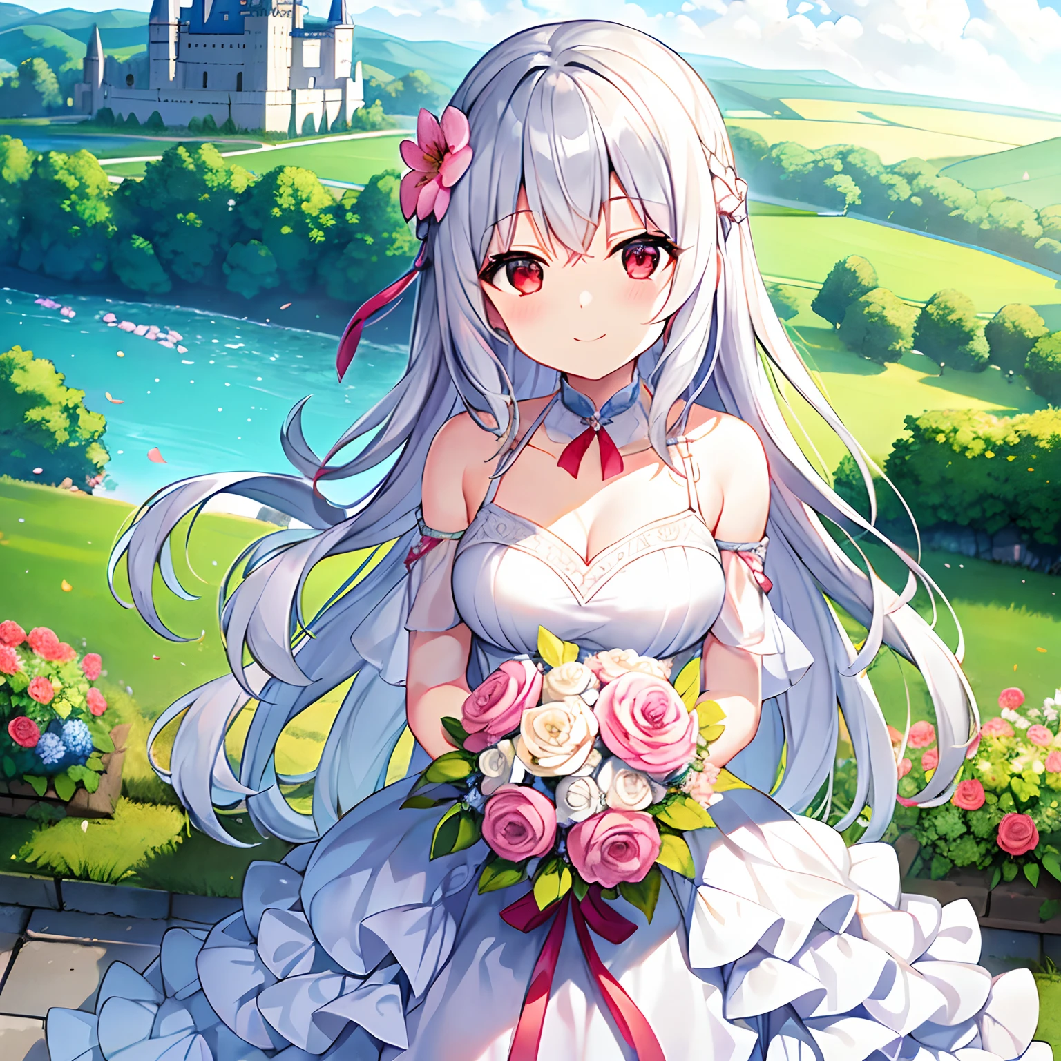 wavy silver hair、red eyes、Beautiful girl alone、独奏、animesque、Have a bouquet、doress、off shoulders、flower field、castle in background、A smile、flower petals、suns、Sunlight Yellow