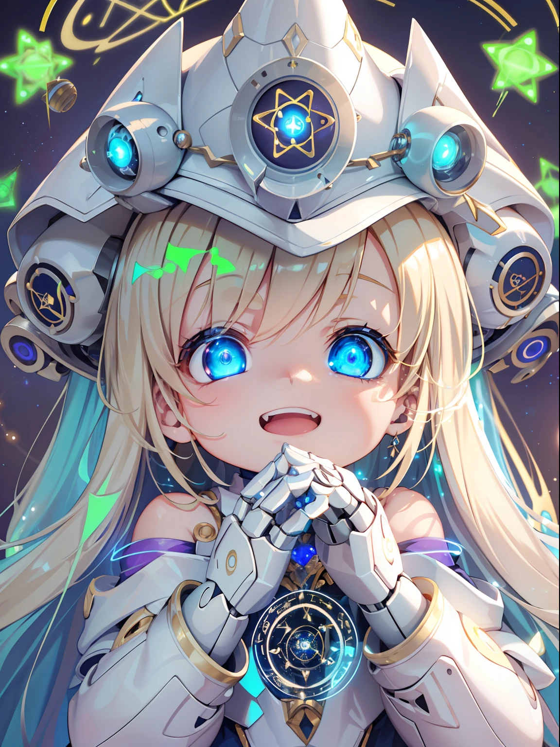 ultra-detailliert, High quality, Hyper-Realism, High resolution, extremely details CG, Best Quality,
Textured skin, ccurate, Anatomically correct, Perfect Anatomy, shiny metal, (Looking Ahead:1.3), (Magic Chanting:1.5), Standing,
1 child, Solo, (Lori:1.4), nice hand, Perfect hands, Detailed hand, nice legs, (Small breasts:1.1), (toddler body:1.2),
Twin-tailed, Blonde hair, Bangs, hair behind ear, Shiny hair,
(Luminous Blue Eyes:1.3), (Half closed eyes:1.1), curvy thighs, Android Girl, (Detailed robot joints:1.2), (Detailed doll joints:1.1),
(White Witch:1.3), Witch Hat, (off shoulders:1.1), Mini skirt, (Luminous magic circle:1.5), grin,
