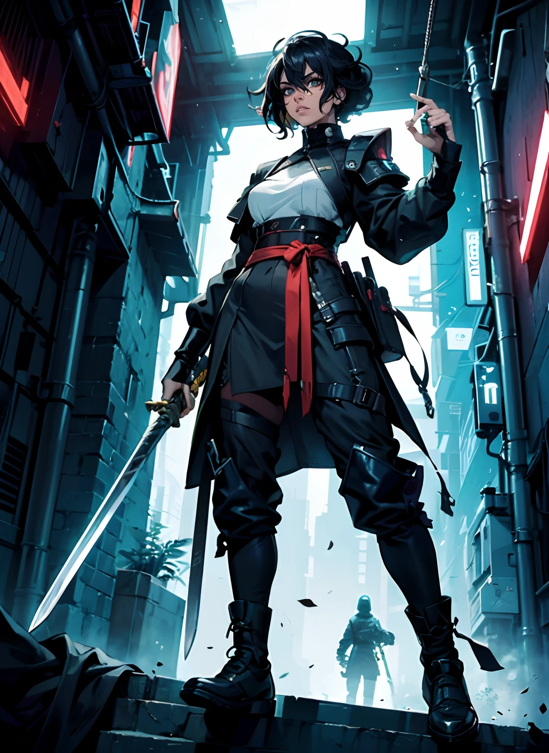 A close up of a person holding a sword in a city - SeaArt AI