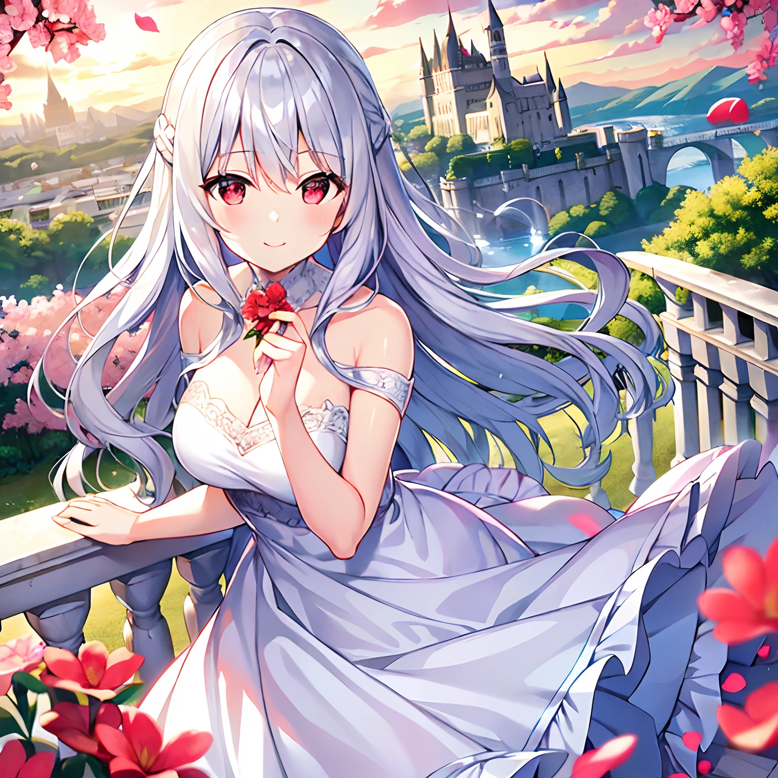 wavy silver hair、red eyes、Beautiful girl alone、独奏、animesque、Have a bouquet、doress、off shoulders、flower  field、castle in background、A smile、flower petals、suns、Sunlight Yellow