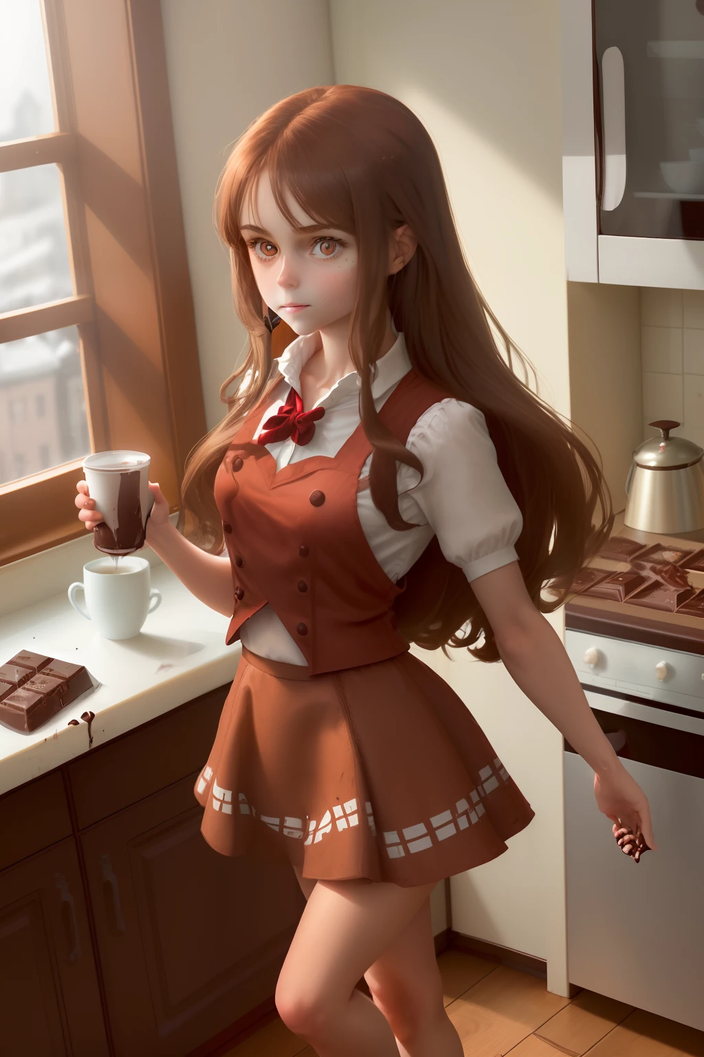 ((A chocolate bar)), with arms and legs, in the shape of a girl, Long brown hair, amber eyes, cup of coffee in hand, kitchen. Short red skirt, red vest over a white shirt. She is standing near a window in which we see early St. Petersburg