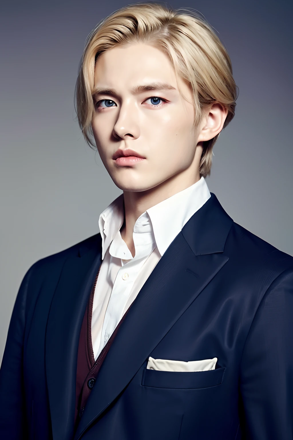 1 boy,handsome,Cold, dressed in western aristocracy, blonde hair, blue eyes, serious face, pretty young, no beard