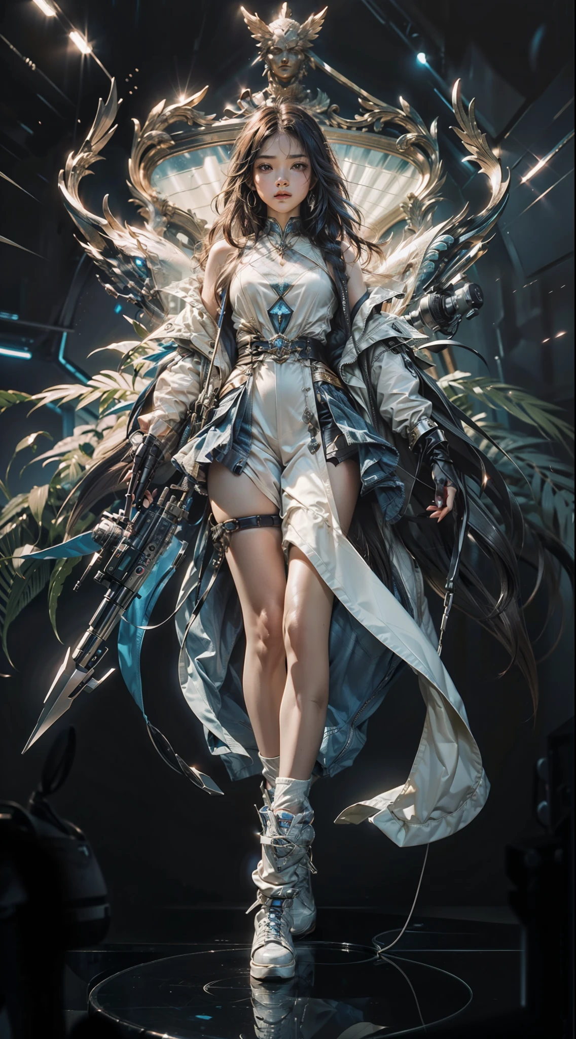 (maximum resolution: 1.2), (Ultra HDTV: 1.2), 8K resolution, Eye and skin detail, detailed facial features, , ( Sharp focus: 1.2), (Focus focus) exact) facial expression: 1.2), Girl standing, (long hair), Black hair , Future world, Sci-fi, Technology