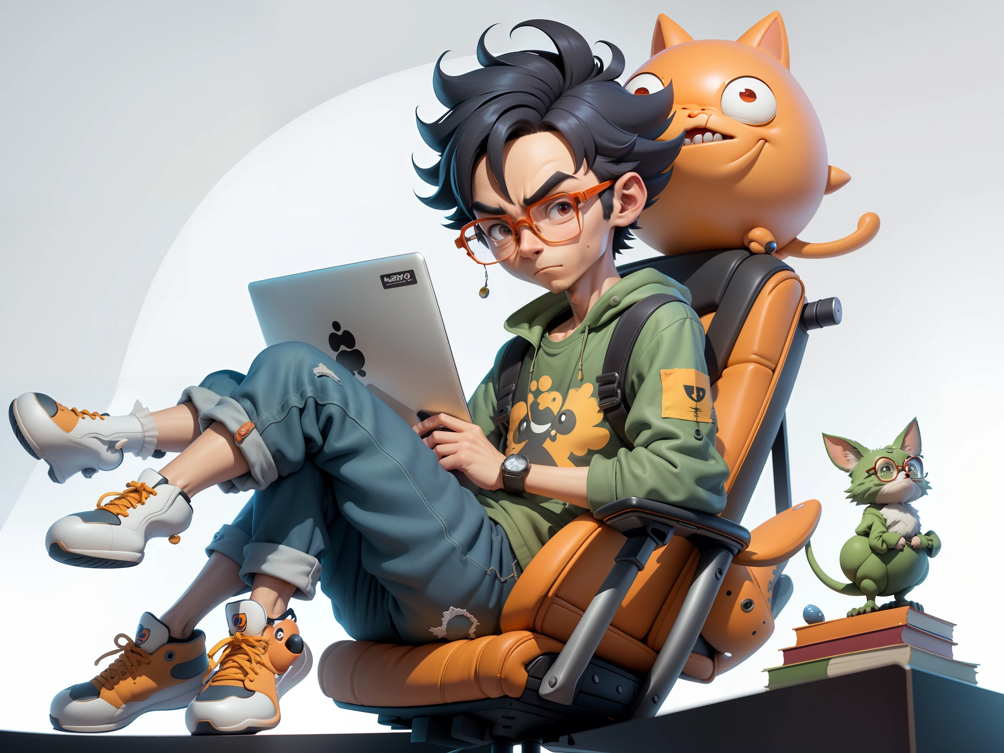 A young man with glasses sits at his desk,holding laptop,digitial painting,3D character design by Mark Clairen and Pixar and Hayao Miyazaki and Akira Toriyama,4K HD illustration,Very detailed facial features and cartoon-style visuals。