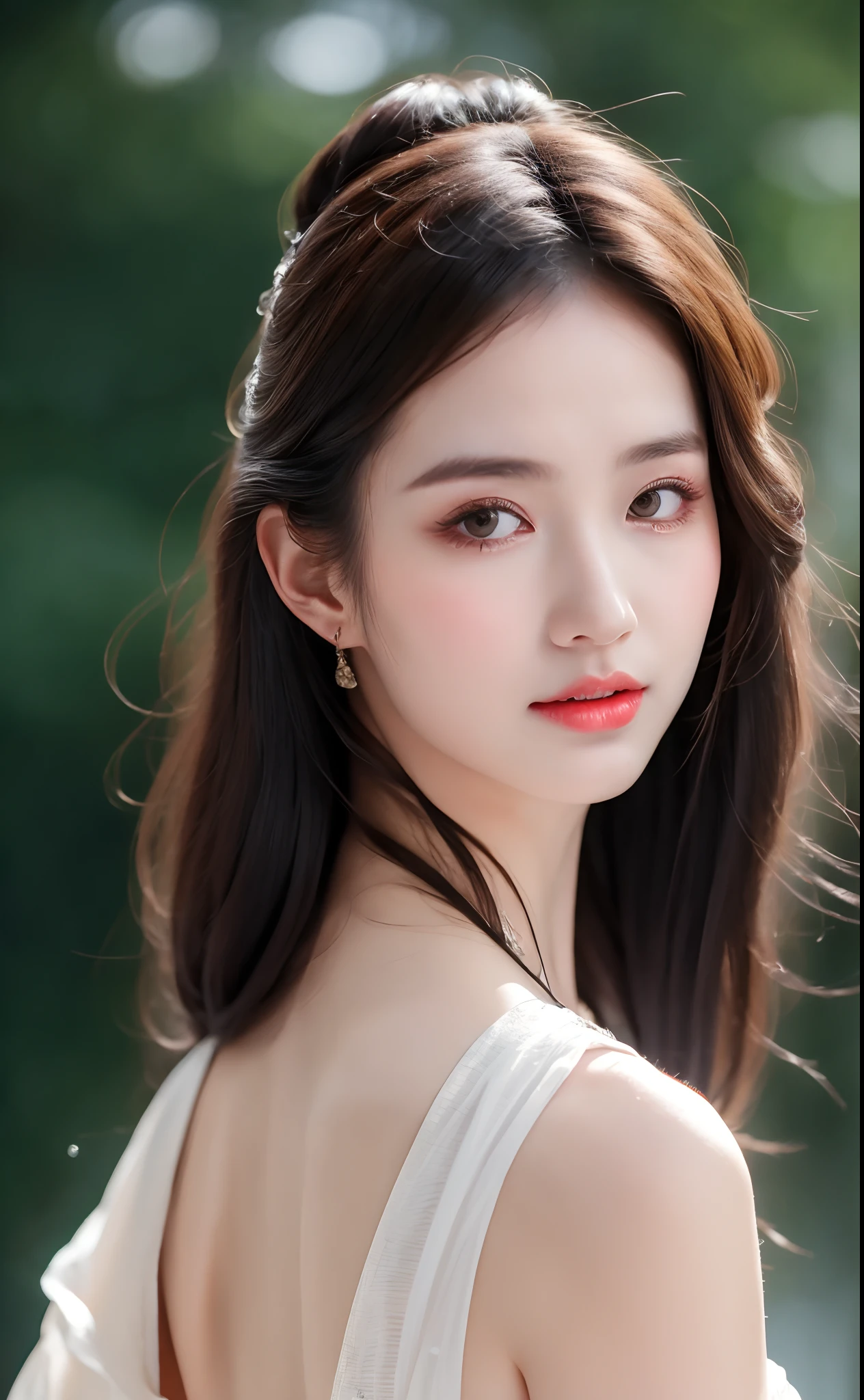 ((Best Quality, 8k, Masterpiece: 1.3)), Focus: 1.2, Perfect Body Beauty: 1.4, Buttocks: 1.2, ((Layered Haircut)), (Wet Clothes: 1.1), (Rain, Street:1.3), (Breasts: 1.2), (Hanfu: 1.2), Bare Shoulders, Bare Legs, Highly Detailed Face and Skin Texture, Fine Eyes, Double Eyelids, Whitened Skin, Long Hair, (Shut Up: 1.5), (Bokeh Background: 1.5), Big Breasts