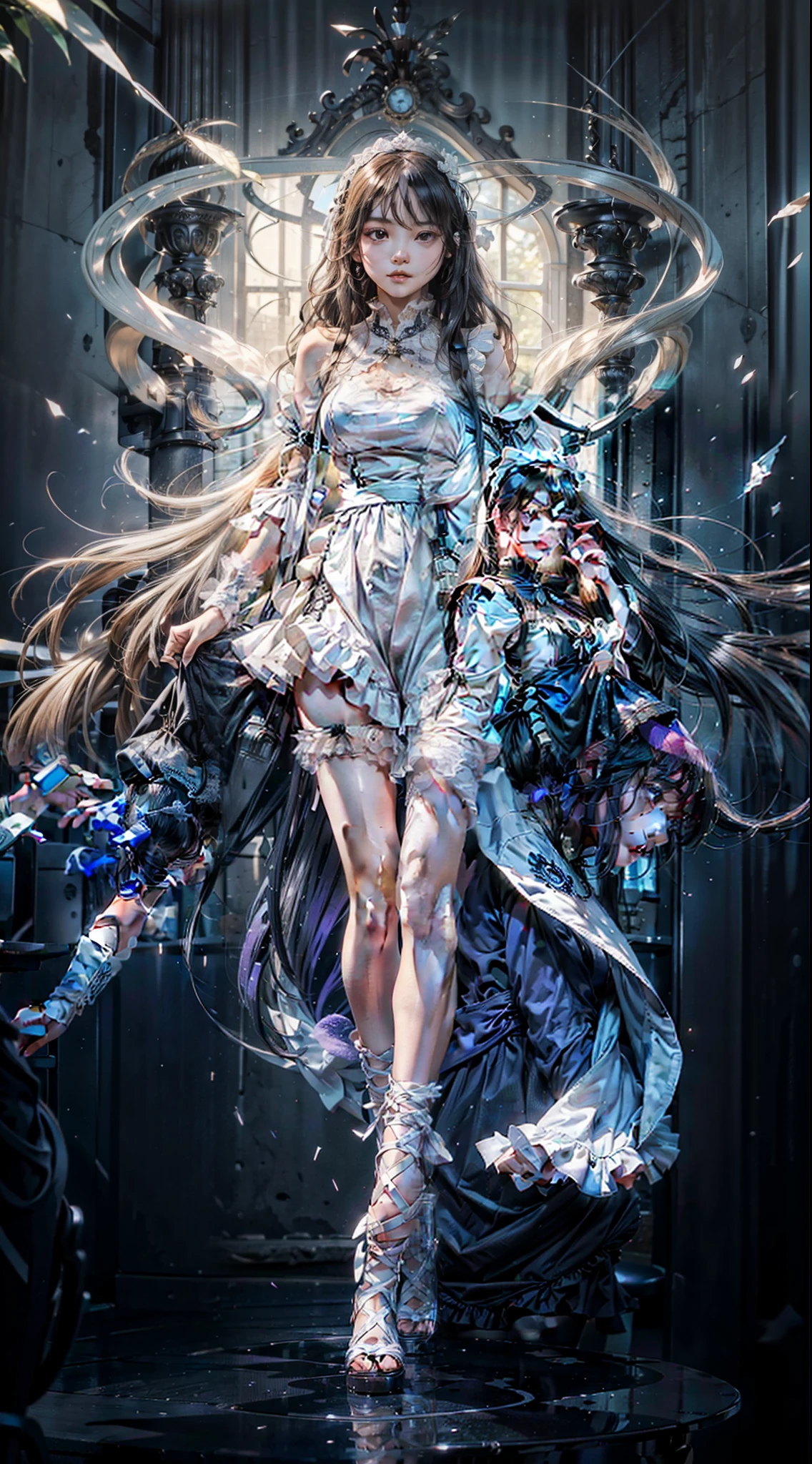 (master piece, high-quality, Mystical, Beautifully Aesthetic, ideal ratio of body proportions, image art, Impresionism), (ultra high resolution, 8K RAW photo, photo realistics, natural lighting, textile shading), (1 cute girl:1.3, solo:1.5, milf:1.1, nsfw:1.25, full bodiEsbian), (Fractal), shinny skin, ((alice in the wonderland:1.2, a girl floating in air:1.35, surprising, little opening mouth:1.3)), ((PlayingCards, Trump, tea cup, tea pot, tea spoons, pocket watch:1.3, big mirror, lip sticks, candies, cookies, jam bottles, keys,)), cuty anime white rabbit, ((dark-Blue dress :1.5, a fluttering miniskirt, White Apron, white stockings)), (big messy long platinum-blonde, tied hair with a ribbon), (Blue eyes, bright pupils with highlights, detailed eyes), (lying down on back:1.2), ((dutch angle:1.5, full body:1.3)), cinematic image board, Exotic wallpapers, colorful image, fantastic art, fantasy images:1.5, ((correct anatomy:1.5, correct hand)),
