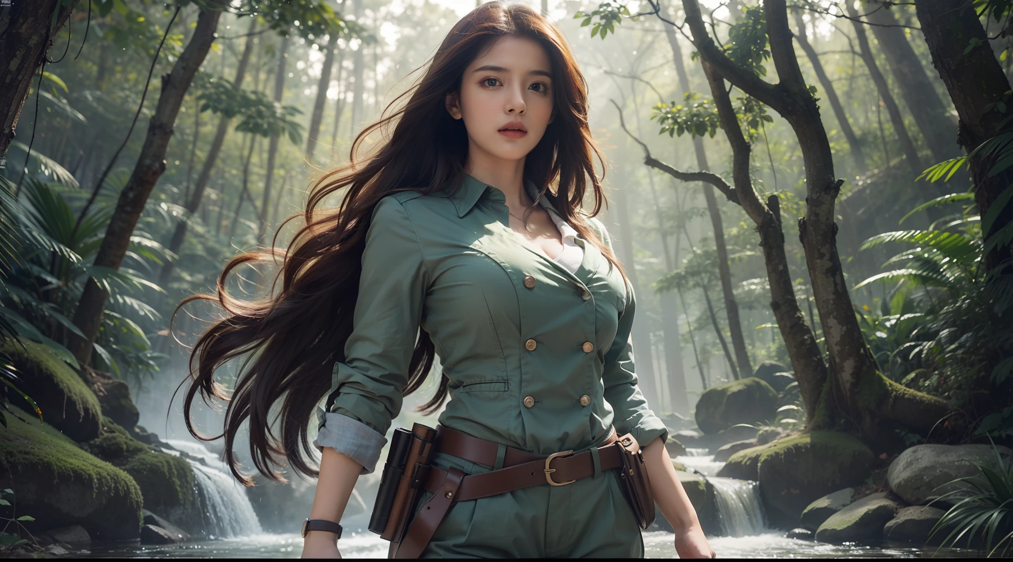 Movie poster, Big-breasted woman, Long hair, Dark green trousers, 1 belt, Holster with a pistol, just one body, Front view, forest, waterfallr, Night