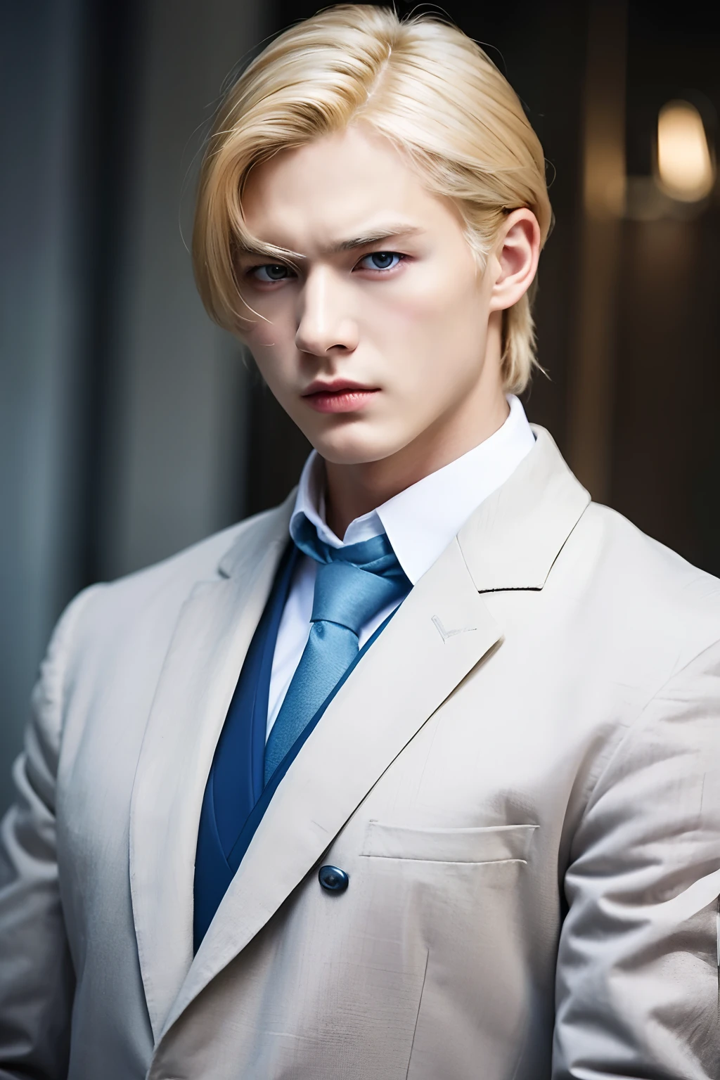 1 boy,handsome,Cold, dressed in western aristocracy, blonde hair, blue eyes, serious face, pretty young, no beard