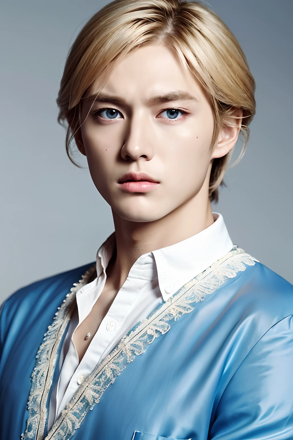 1 boy,handsome,Cold, dressed in western aristocracy, blonde hair, blue eyes, serious face, pretty young, no beard