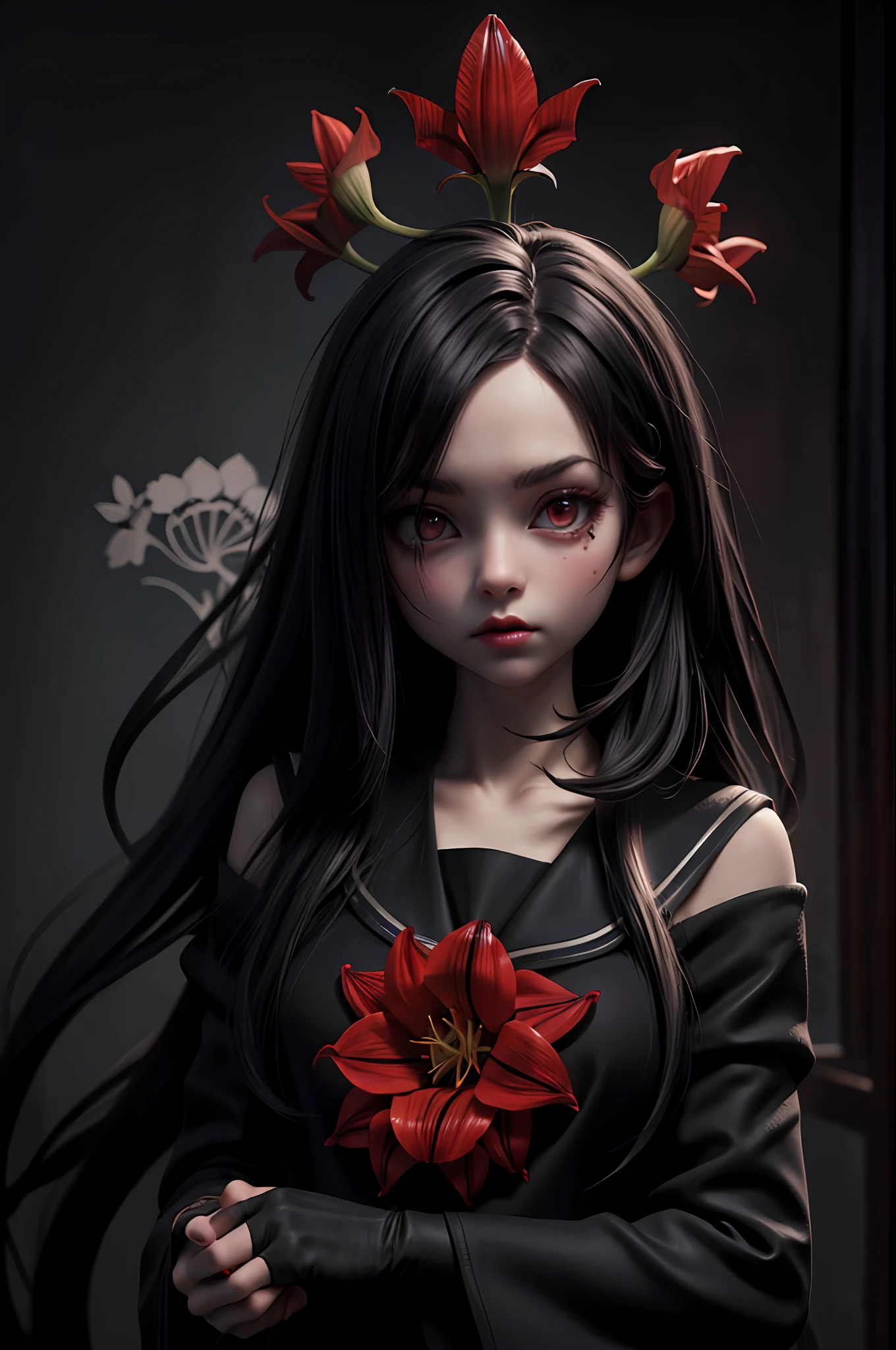 (8k,Ultra detailed,High quality,Best quality),
mandalas, tangled, (Red, black),(Kizi:1.2),Solo,serafuku,Long straight black hair,(Horror),(Gloomy),Blood，amaryllis，skelleton