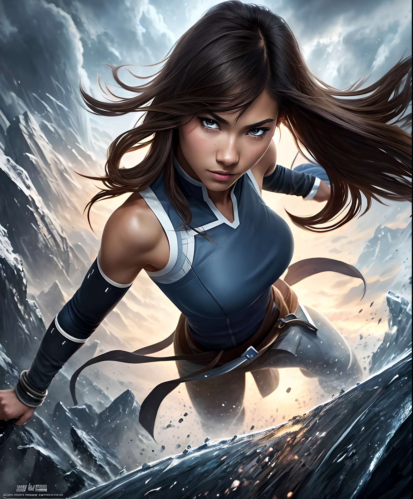 Zendaya like Korra, sightly muscled, messy hair, Full body, Beautiful anime waifu style girl,hyperdetailed painting, luminism, art by artgerm, concept art, dark background, abstract beauty, approaching perfection, pure form, golden ratio, minimalistic, dark atmosphere, unfinished, concept art, intricate details, 8k post production, high resolution, hyperdetailed, trending on artstation, sharp focus, studio photo, intricate details, highly detailed,