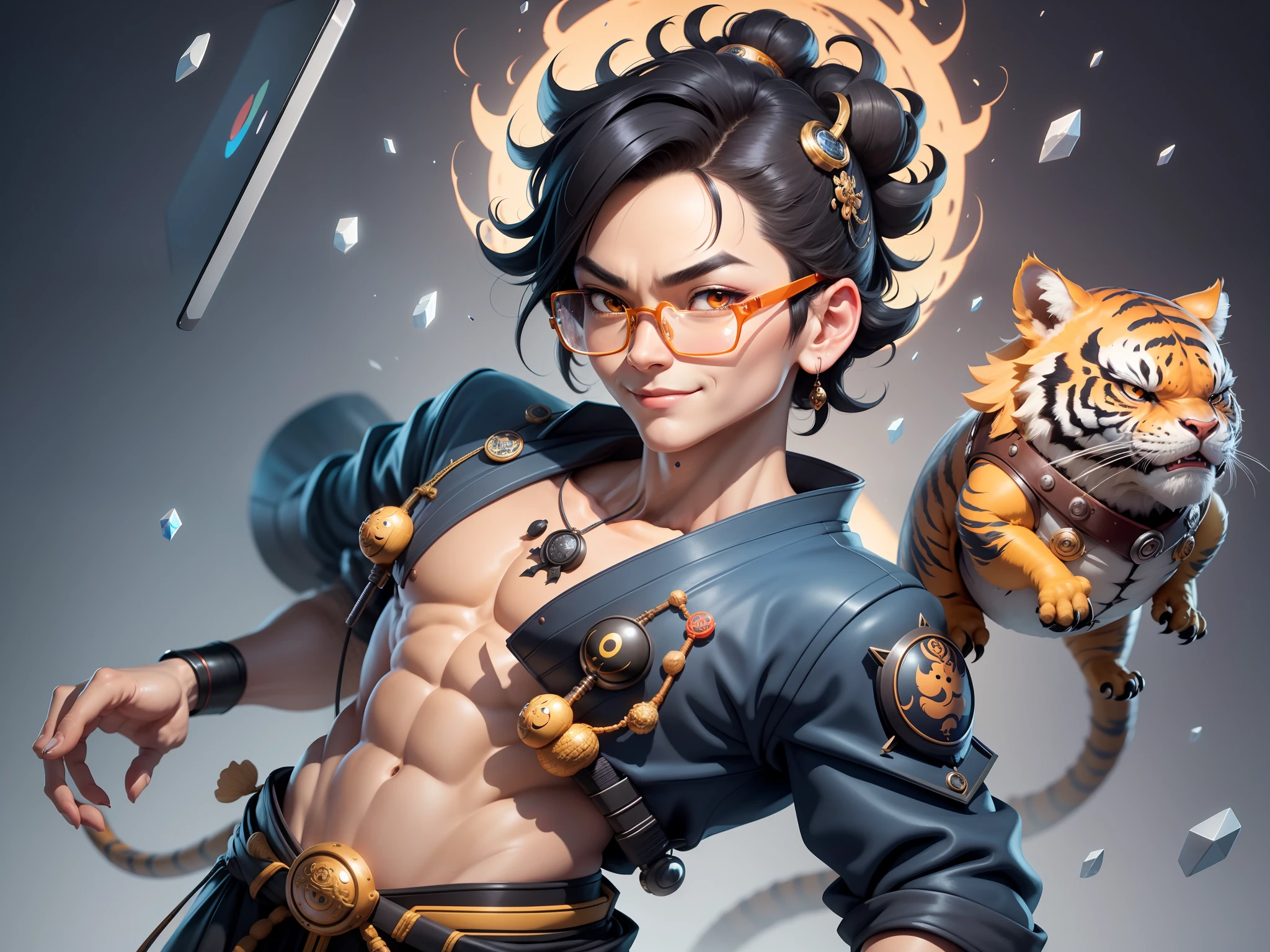 (Masterpiece), (Excellent), (Super Meticulous), (Full Body: 1.2), Super Young Man with Japanese Female Geisha, Pretty, Beautiful, Chinese Dragon, Tiger, Wind God Thor, , Bursting, Oriental Face, TV Anchor, Bust Portrait Illustration, Black Suit, Blue Tie, Slightly Chubby Face, Silver Glasses, Very Clean Face, No Beard on Chin, Black Super Short Hair, Black Eyes, Confident Smile, 3c Computer Sub-Products, iPad, iPhone, Digital Painting, 3D character design by Mark Clairedon and Pixar and Hayao Miyazaki and Akira Toriyama, the illustrations are HD illustrations in 4K resolution with highly detailed facial features and cartoon-style visuals.