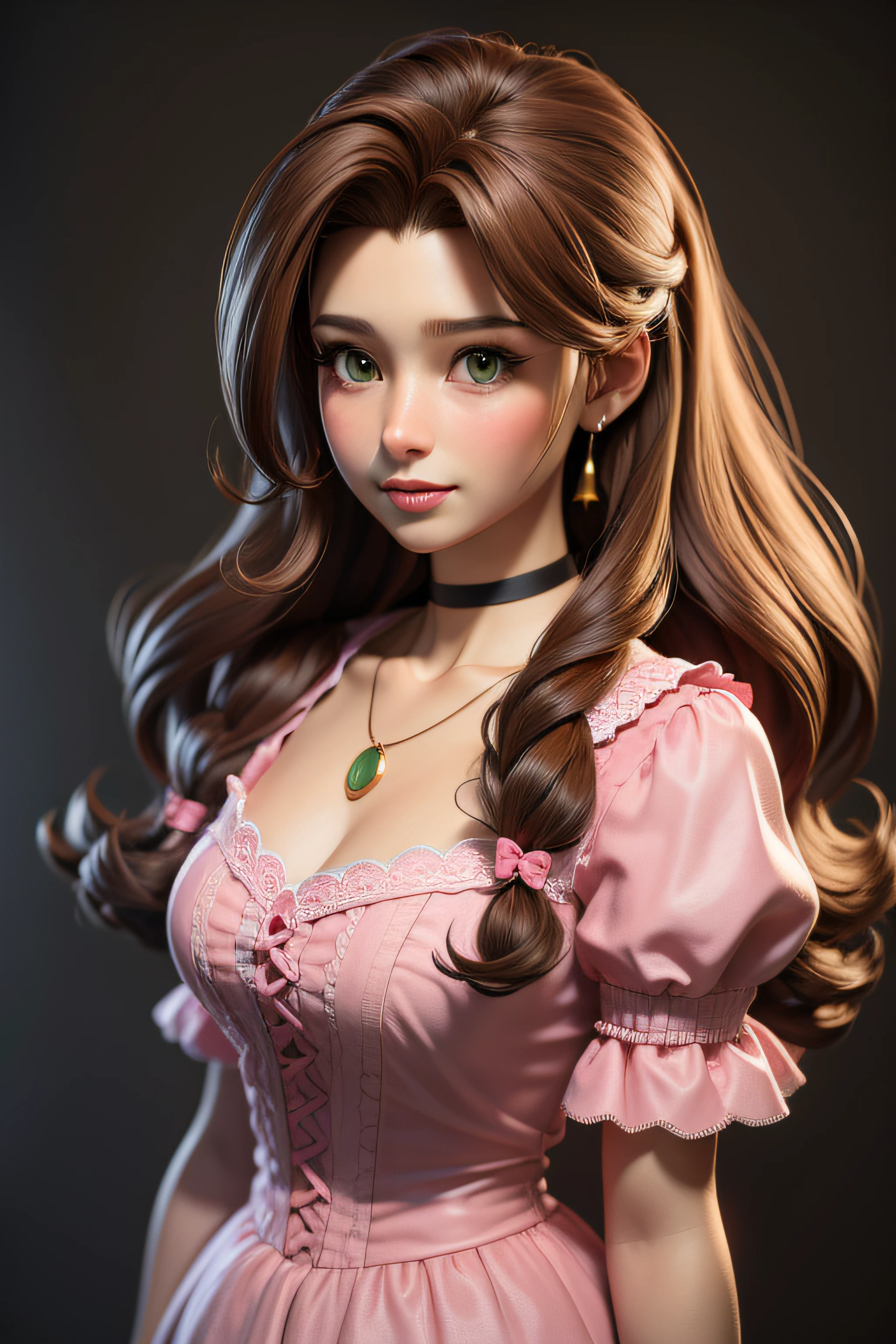 masterpiece, best quality,3d rending work ,3DMM style,close-up,portrait, 3D,1girl, solo, brown hair, string necklace, looking to the side, realistic, upper body, simple background, bangs, looking away, long black hair, parted lips, makeup, long brown curly hair, green eyes, pink lingerie, cleavage, aerith gainsborough, aerith