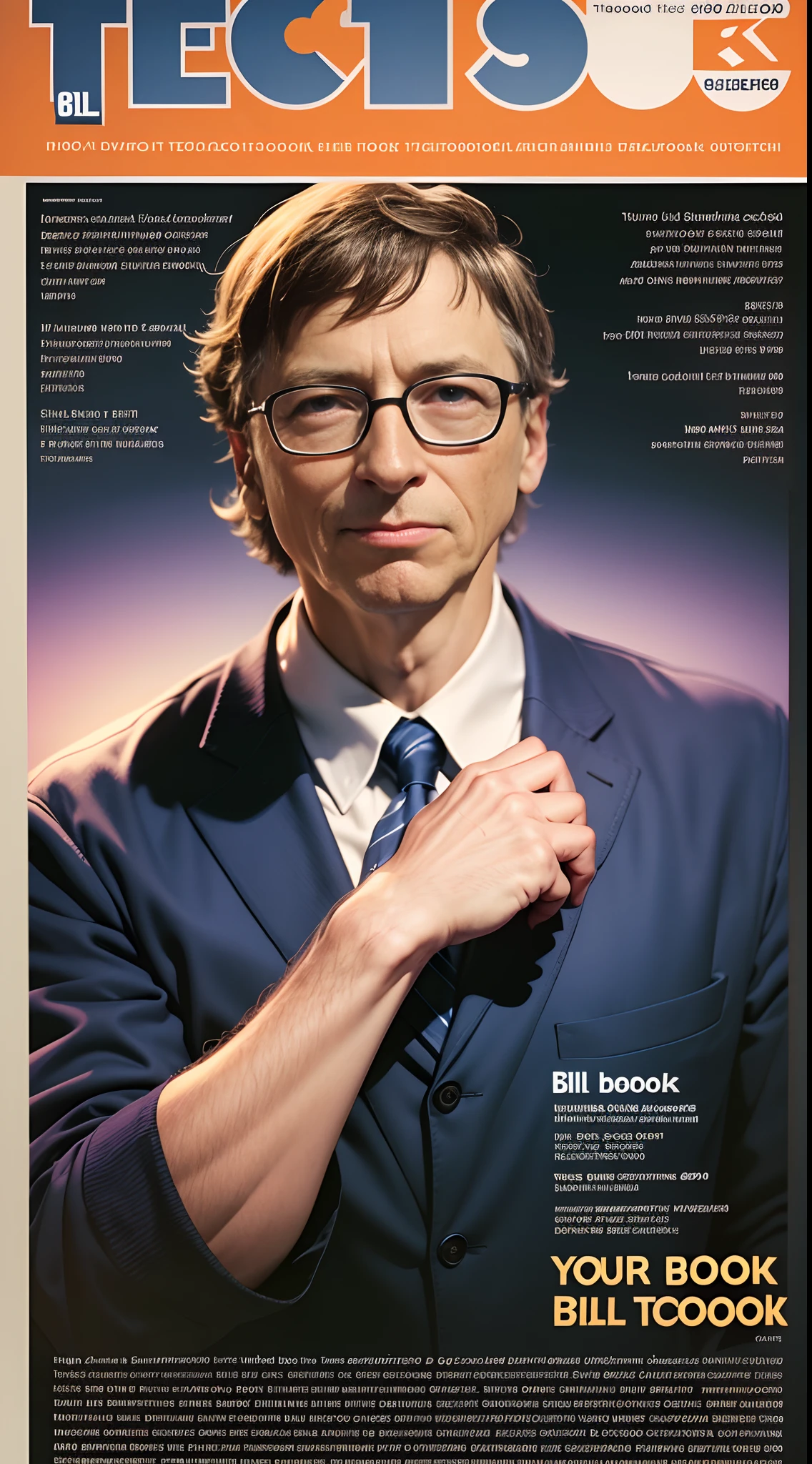 cover of a 90's tech magazine called 'TechBook' with image of ' Bill Gates '. Realistic, ultrarealistic, detailed, graphics --auto --s2