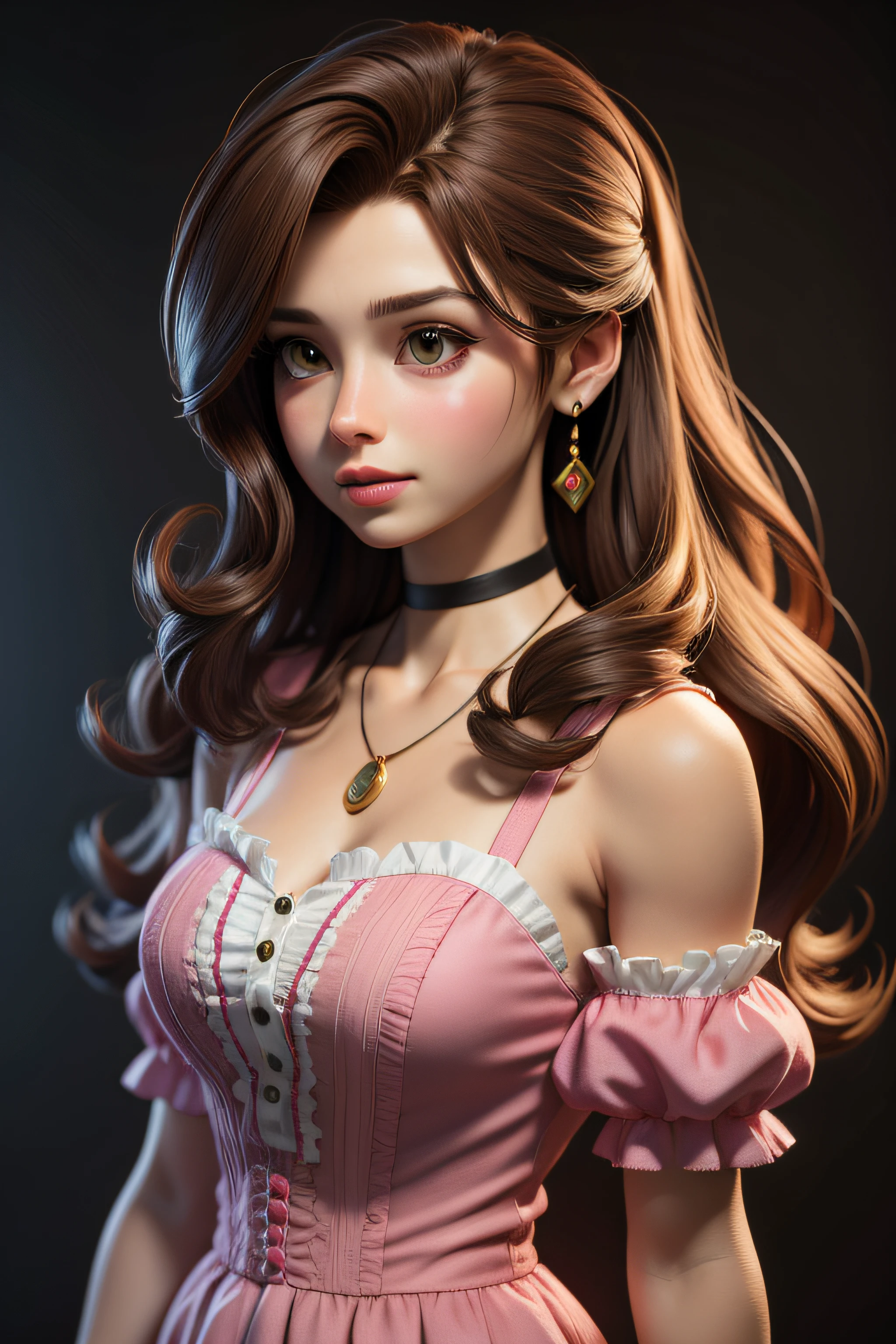 masterpiece, best quality,3d rending work ,3DMM style,close-up,portrait, 3D,1girl, solo, brown hair, string necklace, looking to the side, realistic, upper body, simple background, bangs, looking away, long black hair, parted lips, choker, makeup, long brown curly hair, green eyes, pink dress, cleavage, aerith gainsborough, aerith