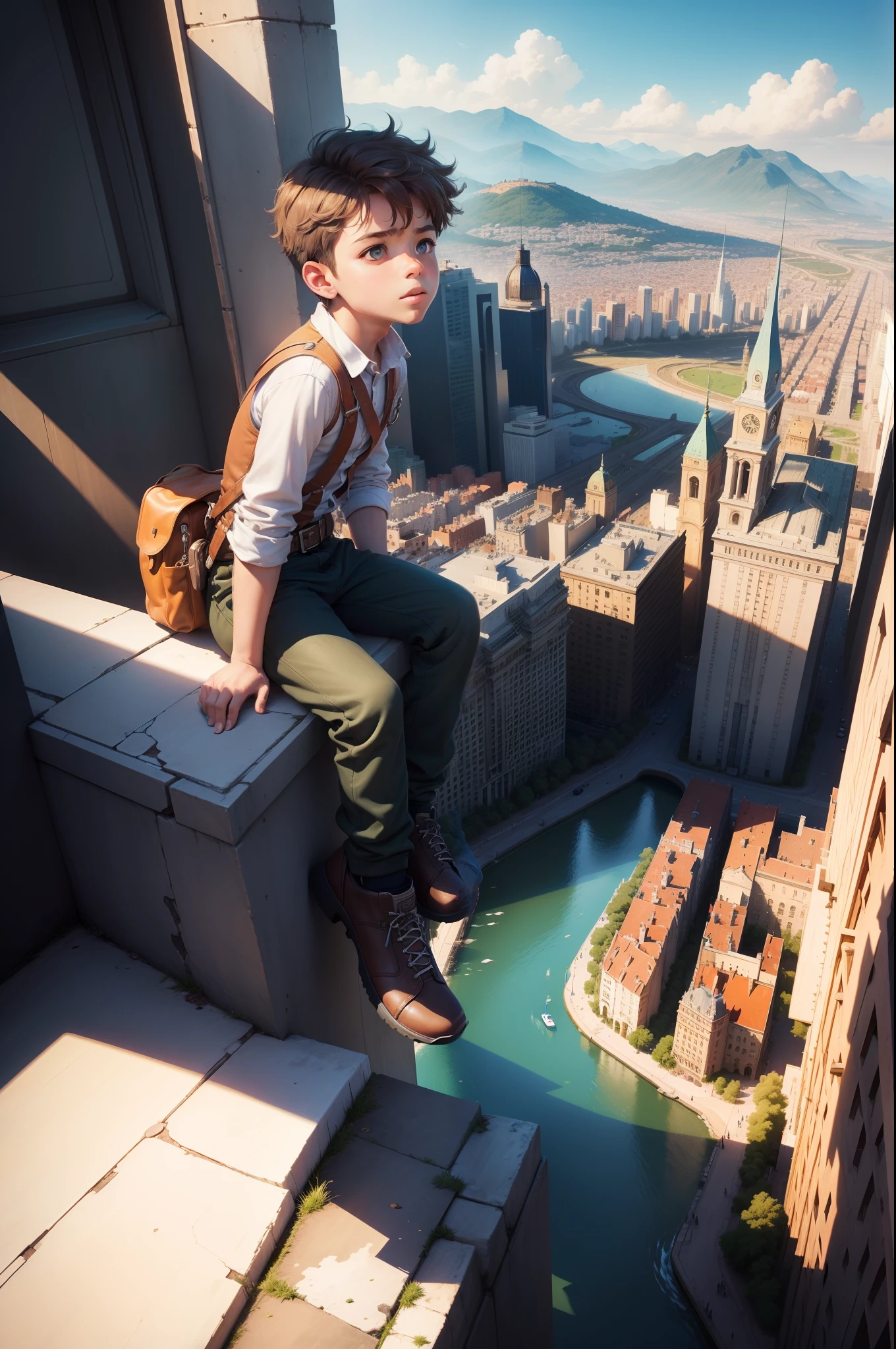 a cartoon image, a boy on a high piont overlooking a beatifull city, ultra detailed picture