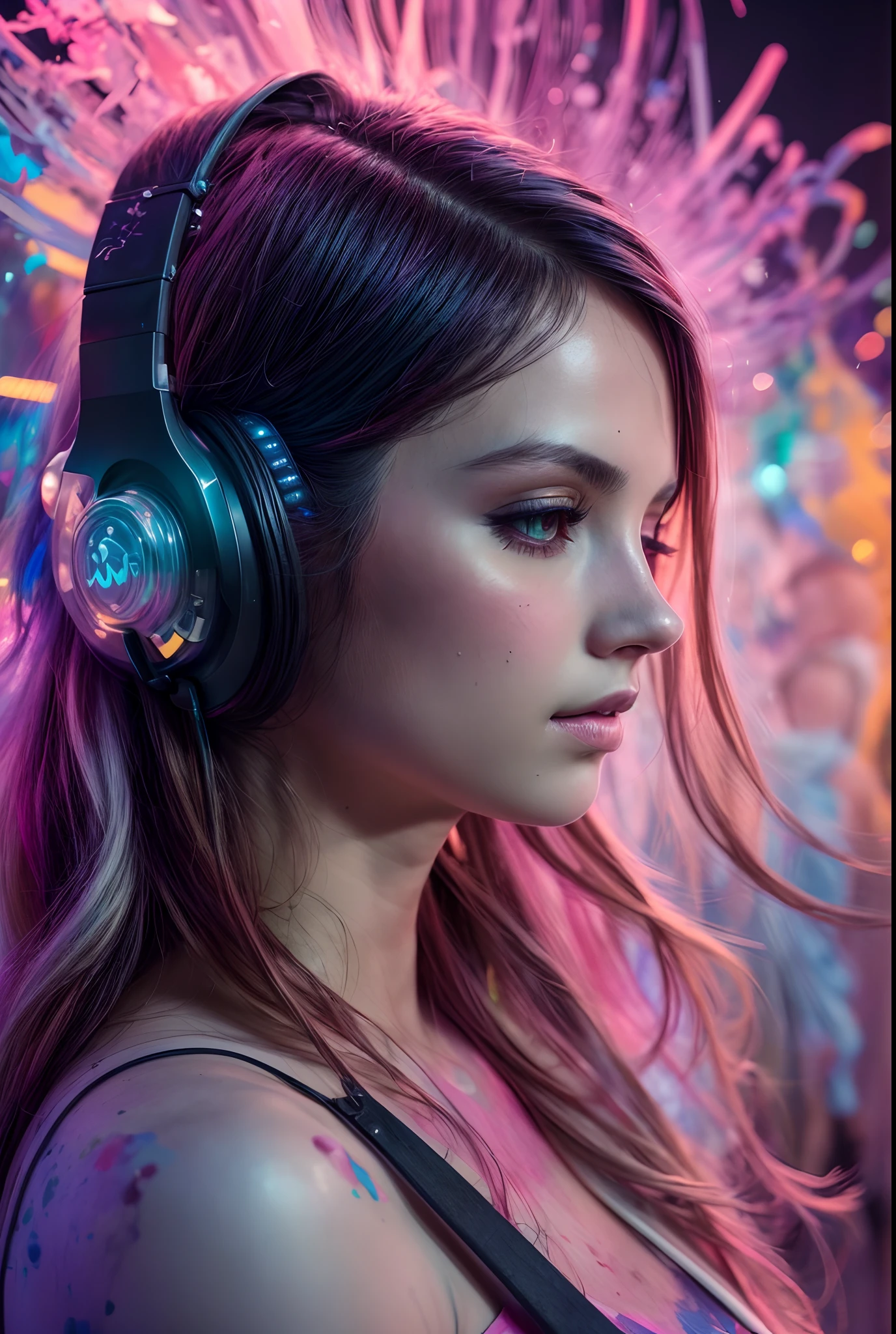 a woman, luminous design, pastel colours, ink drips,DJ, close-up shot of upper body, observing the crowd, realistic,((masterpiece:1.3)), ((best quality:1.3)), ((ultra_detailed:1.3)),