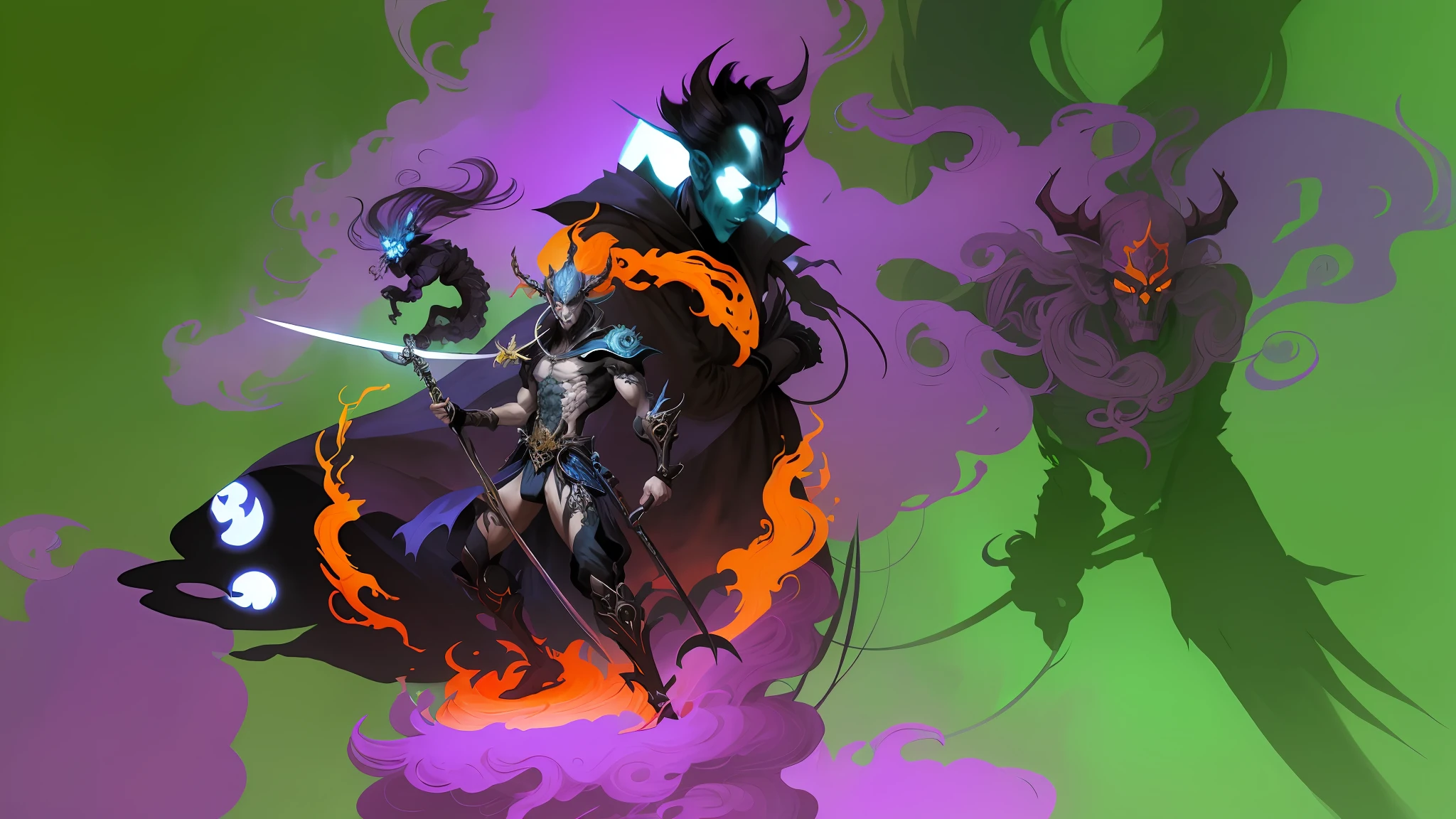 a drawing of a man with a sword and a demon, beautiful male god of death, mohrbacher, inspired by Shunkōsai Hokushū, in the art style of mohrbacher, asura from chinese myth, the god of chaos, inspired by Ryūkōsai Jokei, in style of peter mohrbacher