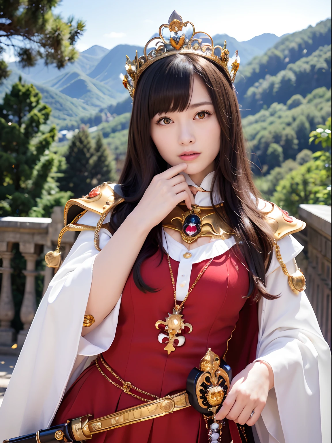 (masutepiece), Professional , ​masterpiece、top-quality、photos realistic , depth of fields （Gemstone Silver Metal Body:1.９),(Matte White、Jewel Gold Weapon（Jewel Metal Body:1.４),Gorgeous metal weapons , Detailed Sword of the Brave , Beautiful knife   ,warhammer 40k , adepta sororitas,Detail and ornate jewel crown、Black hair、Gangle's forest background、Beautiful Caucasian beauty、１a person、dynamic ungle,(((Detailed and ornate diamond crown)))、Smaller head、A smile、Take a sexy pose、Background inside the castle、Thin and beautiful female hands、cleavage of the breast、Soldier in iron armor on background、Soldier in iron armor on background、