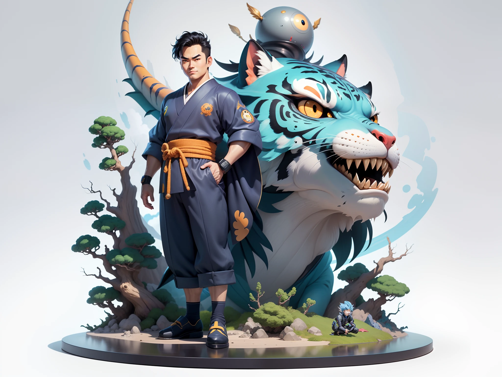(Masterpiece), (Excellent), (Super Meticulous), (Full Body: 1.2), Super Young Man, Oriental Face, Japanese Kimono, Japanese Wind Thunder God, Dragon, Tiger, TV Anchor, Bust Portrait Illustration, Alone, Black Suit, Blue Tie, Slightly Chubby Face, Very Clean Face, No Beard, Black Super Short Hair, Black Eyes, Confident Smile, 3c Computer Sub-Products, iPad, iPhone, Digital Painting, 3D Character Design by Akira Toriyama and Mark Claireden and Pixar and Hayao Miyazaki, The illustration is a high-definition illustration in 4K resolution with very detailed facial features and cartoon-style visuals.