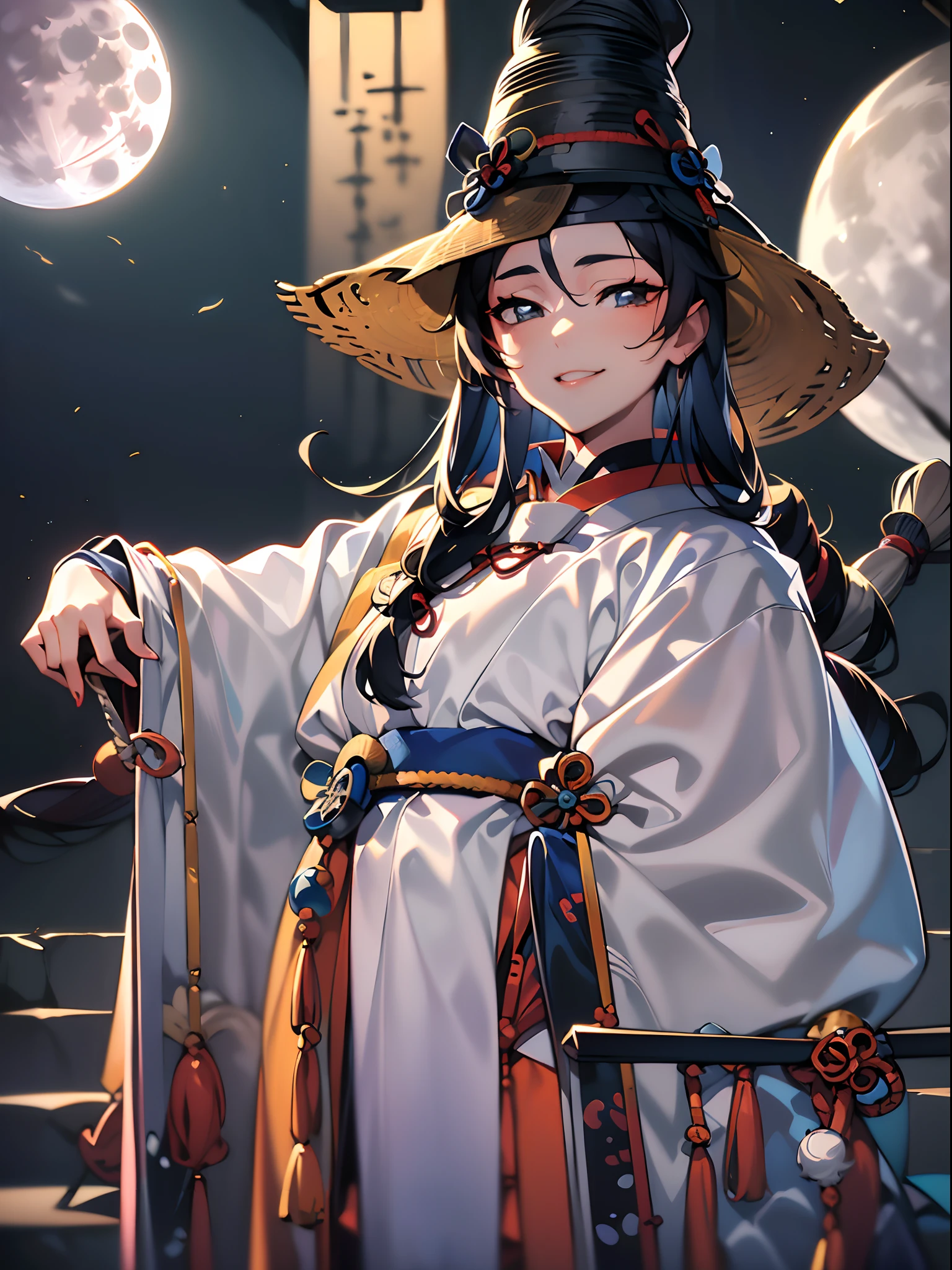 1girl in,((onmyouji)),((tate eboshi)),a smile,(((Big Full Moon))),moonlights,(((portraitures))),nice hands, perfect hands