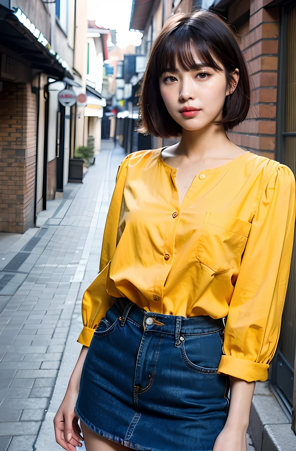 ((8K:1.27)、top-quality、masterpiece、超A high resolution:1.2)Photo Beautiful Japan woman、26 year old、Moist beauty、Beautiful face、Raised corners of the mouth、Duck mouth、Know、The eyes are far away、Fantasia、detaileds、Gradient lighting、1girl in、Delicate skin、looking at the viewers、Brown-eyed、short hair with bangs、Medium chest、(realisitic:1.4)、top-quality、超A high resolution、8K、Raw photography、(masterpiece:0.2)、(pureerosface_v1:0.5)、Plain Pocket Patch Shirt Dress 、Collar design is round neck、orange colors、Roll-up sleeve、shortsleeves、Mini length、From the knee up、Turn your buttocks、Kamimei、excited expressions、Red cheeks、want me、Staring at this、erect through、standing straight、directly in front、Good posture、up chest、slightly chubby figure、Ass big、smil、Back alley、Brick、