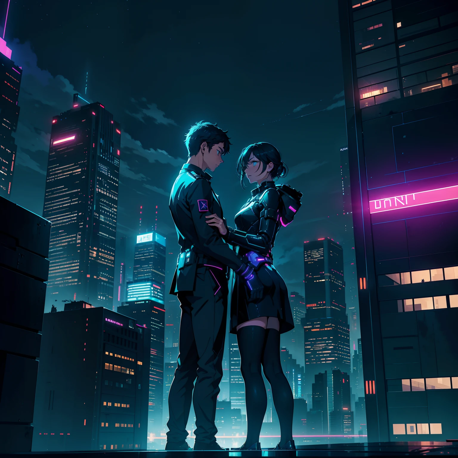 Develop an intriguing book cover for a science fiction novel. The scene depicts a futuristic city at night, with glowing skyscrapers and flying cars crossing the dark sky. In the center of the cover, a pair of protagonists gazes at the city from a terrace, exchanging a look filled with hope and mystery. The book title, "Horizons Beyond," should be displayed in elegant letters that blend with the city lights. The color palette consists mainly of dark blues, deep purples, and neon accents. This is a portrait of the characters' relationship and the possibilities of the world around them. Detailed digital illustration, --ar 16:9 --v 5.