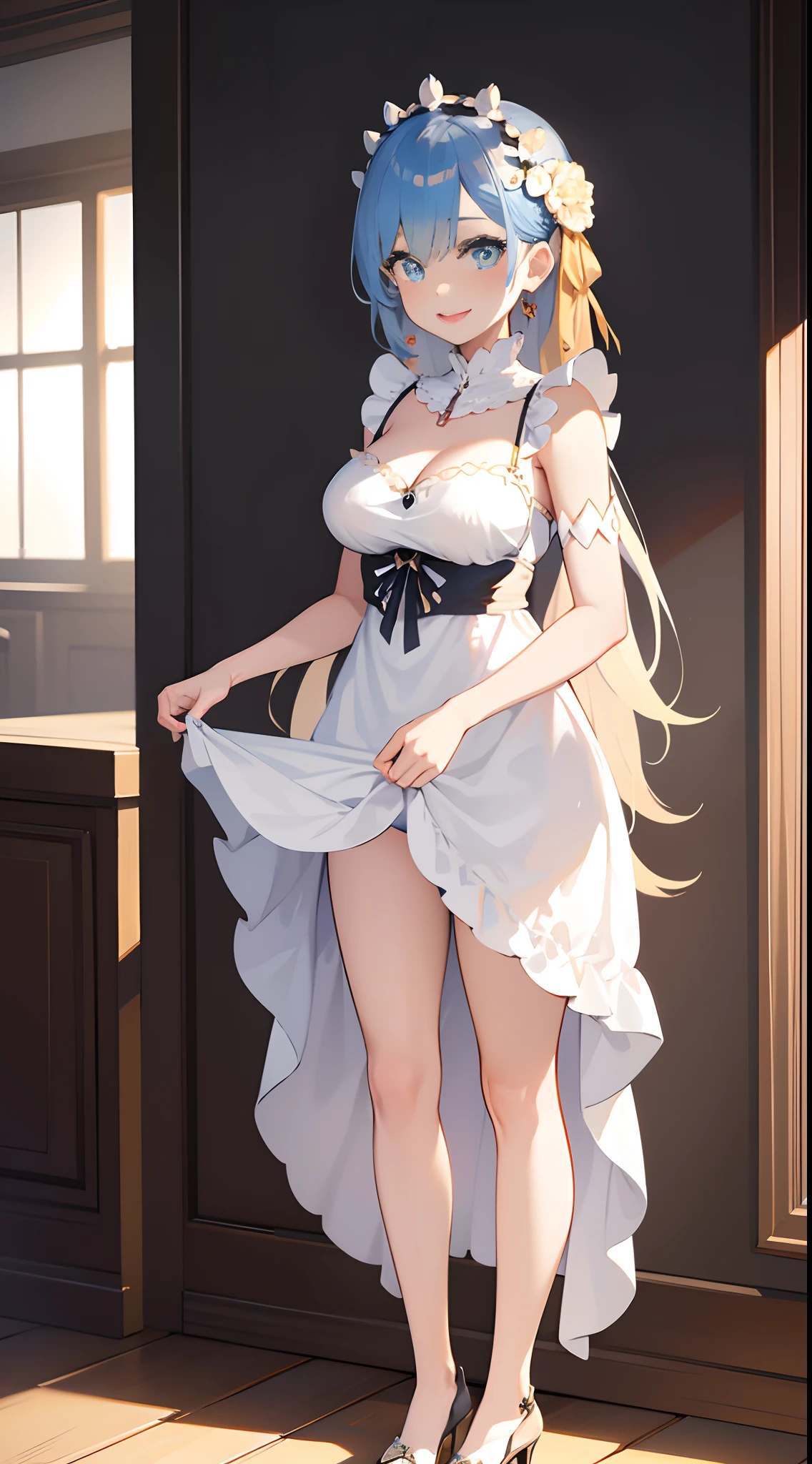 best quality ,masterpiece, illustration, an extremely delicate and beautiful, extremely detailed ,CG ,unity ,8k wallpaper,absurdres, huge filesize,very wide shot,soft lighting,contre_jour,in office, 1girl,solo,sexy,cute,light smile, long hair,sidelocks,lipstick,long eye lashes,beactiful detailed eyes,middle breasts,white dress,Camisole dress,long legs,beautiful legs,high heels,standing,full body,photo by Fujifilm X-T3,