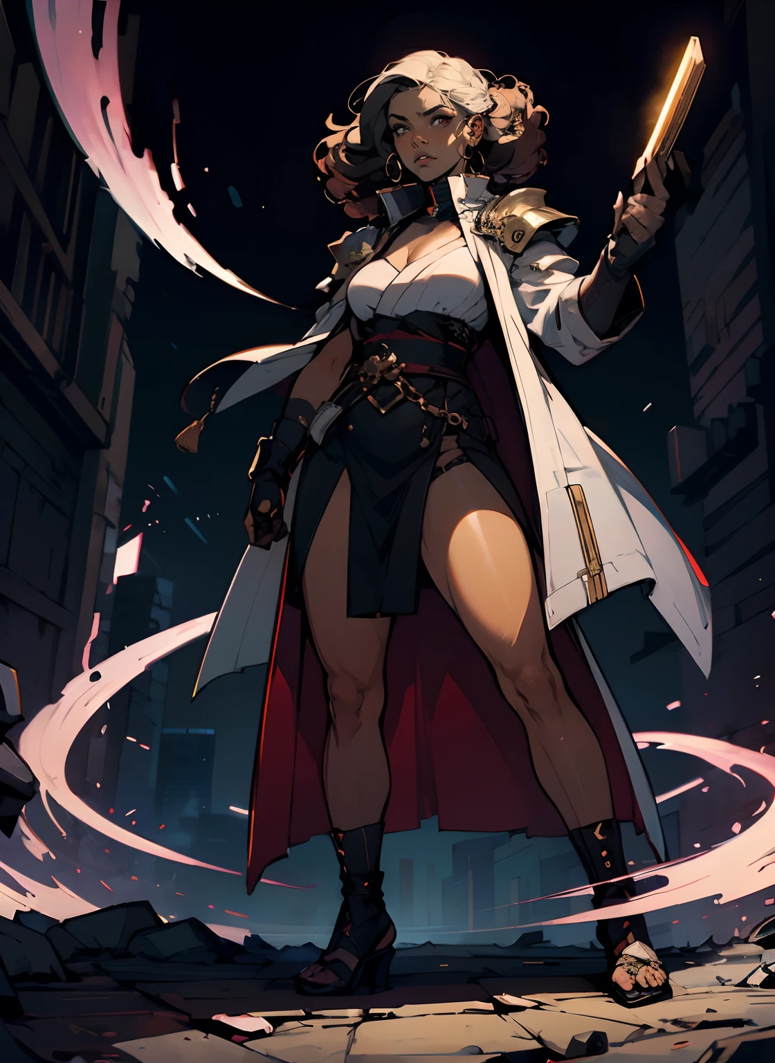 ((best quality)), ((masterpiece)), (illustration), (cinematic), (volumetric lighting), mature 35-year-old woman, 1girl, dark skin, athletic body, curly black and hair, fierce warrior, shoulder pads, futuristic assassin robe, cyberpunk samurai, stylish futuristic fashion, stoic expression, smokey make-up, dynamic angle, vibrant colors, bloom, The hero must be in a heroic pose, as if she is ready to face any challenge that comes her way, dark background, simple background