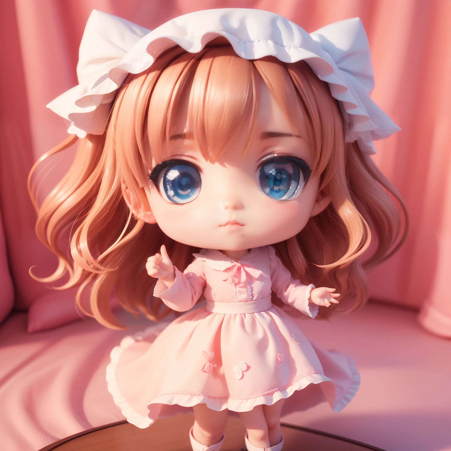 ((((chibi3d))) Best Quality), (masutepiece)、A is Russian with big blue eyes、Wavy bob hairstyle with brown hair、The figure is very slim、Blanc Women's Lace Blouse, Offshore style, Skipper Dresses, Shirt、Shape the heart with your hands、A slightly embarrassed look、The background is the interior of a cute pink café、The heart-shaped beam coming out of the hand is fluffy、